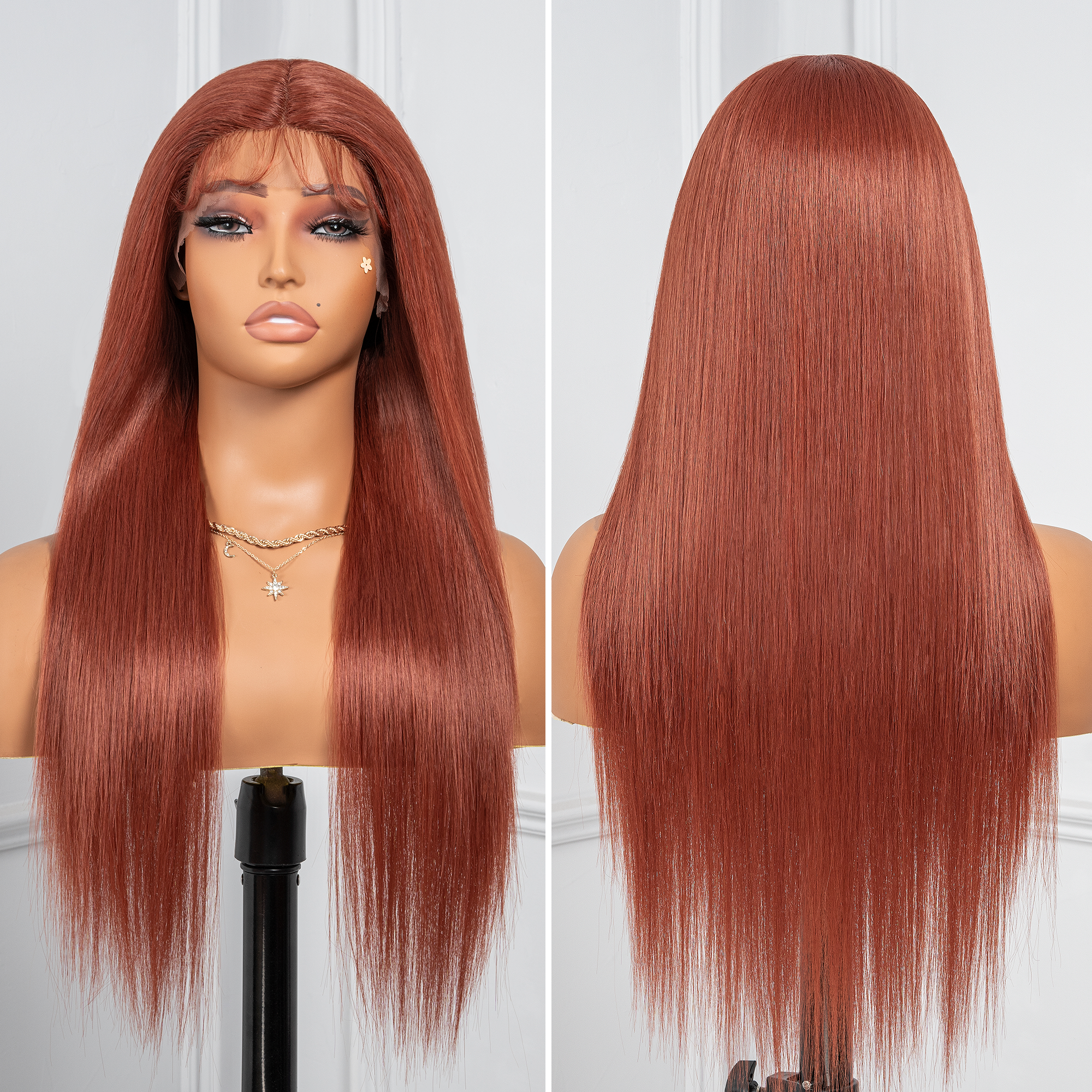 𝗣𝗶𝘀𝗰𝗲𝘀 | Toyotress Airy Yaki Straight T-middle Part Lace Front Wigs with Baby Hair | 20-32 Inch Long Soft Human Hair Rival Brown With Piano Highlights Wig(1472)