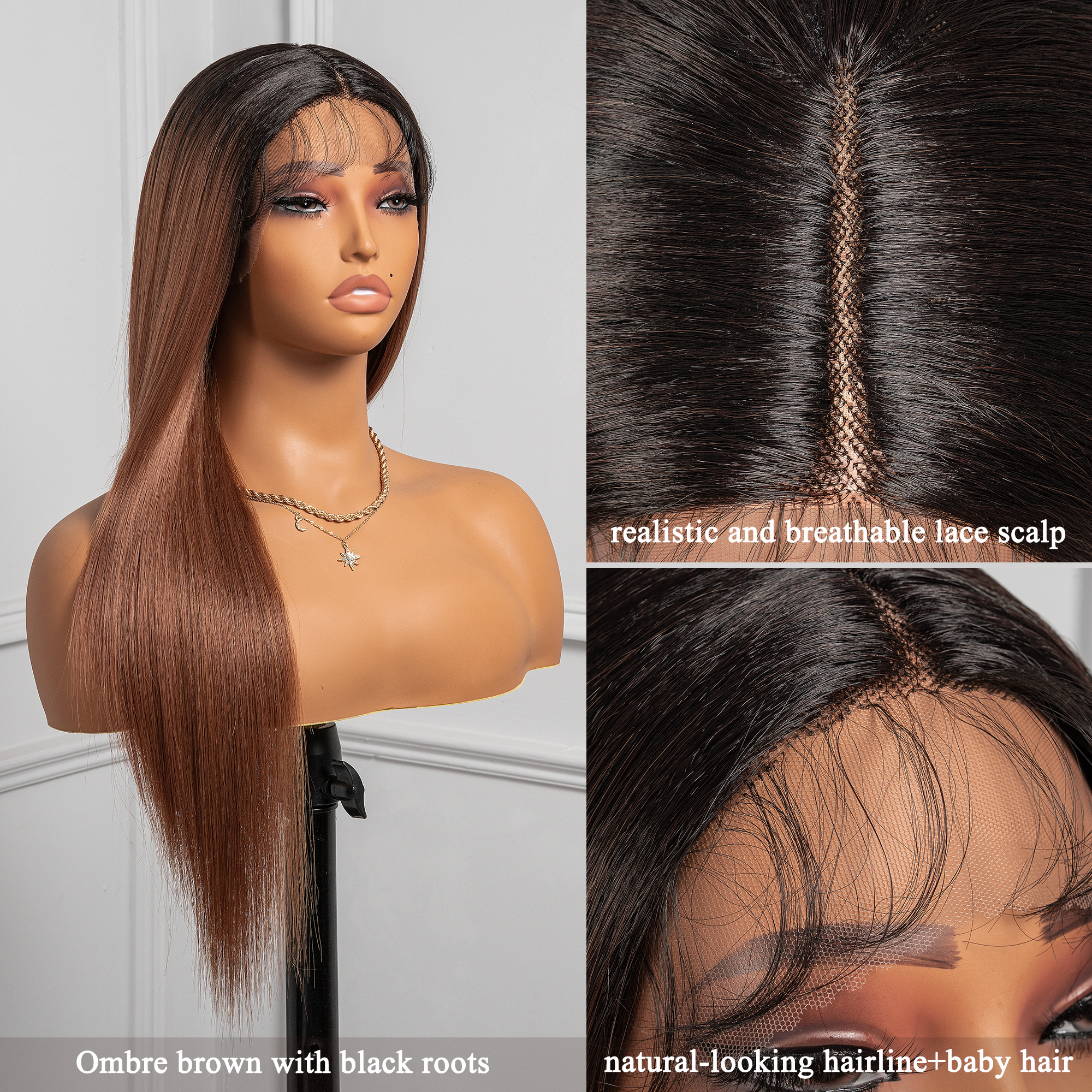 Toyotress Airy Yaki Straight T-middle Part Lace Front Wigs with Baby Hair | 20-32 Inch Long Soft Human Hair Rival Brown With Piano Highlights Wig(1472)