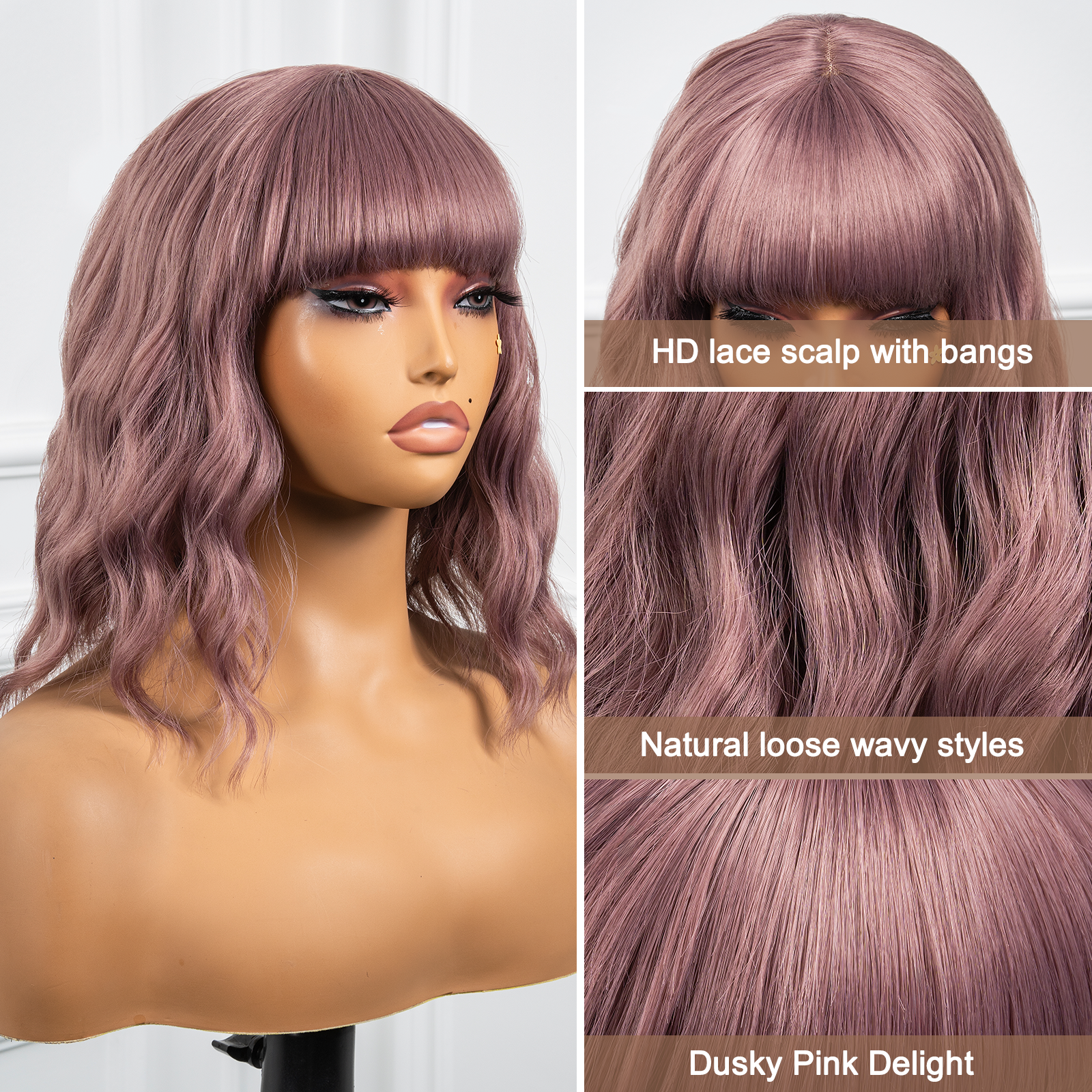 TOYOTRESS Pink Paradise LOOSE WAVY SHORT BOB WIGS HD LACE PART WITH BANGS - 12 INCH NATURAL BLACK BOB HAIR WIGS FOR BLACK WOMEN, SHOULDER LENGTH CURLY SYNTHETIC WIGS (LF0926)