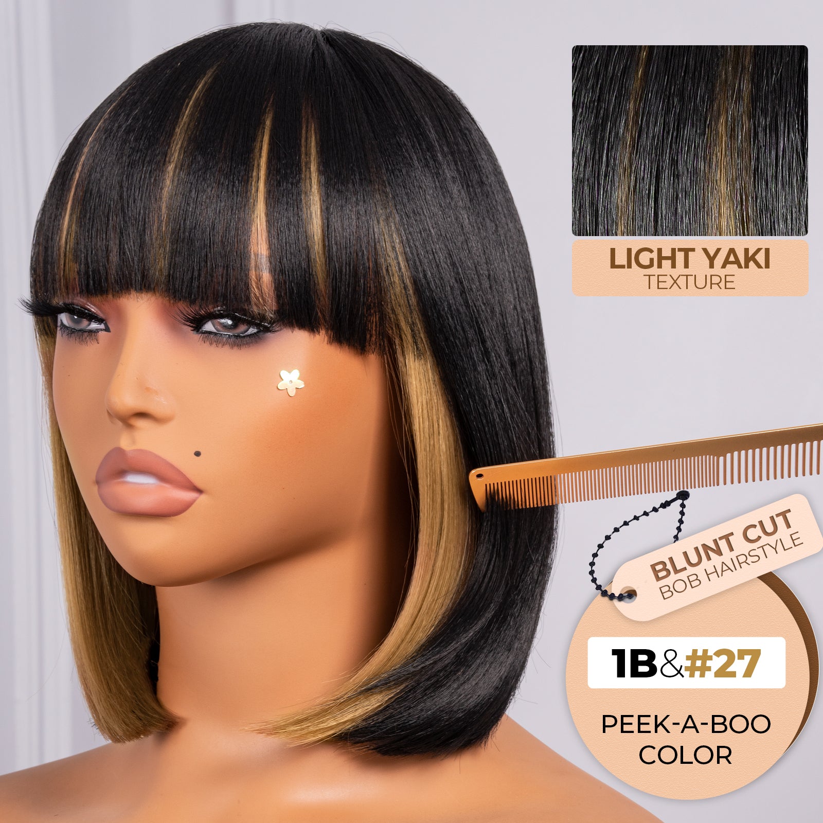 Toyotress Short Bob Synthetic Wigs | Blunt cut Natural Black Straight Wig with Bangs Synthetic Wig（612H+618）