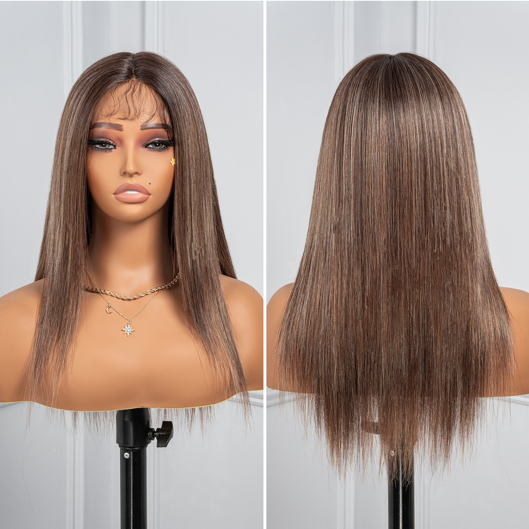 Toyotress Airy Yaki Straight T-middle Part Lace Front Wigs with Baby Hair | 20-32 Inch Long Soft Human Hair Rival Brown With Piano Highlights Wig(1472)