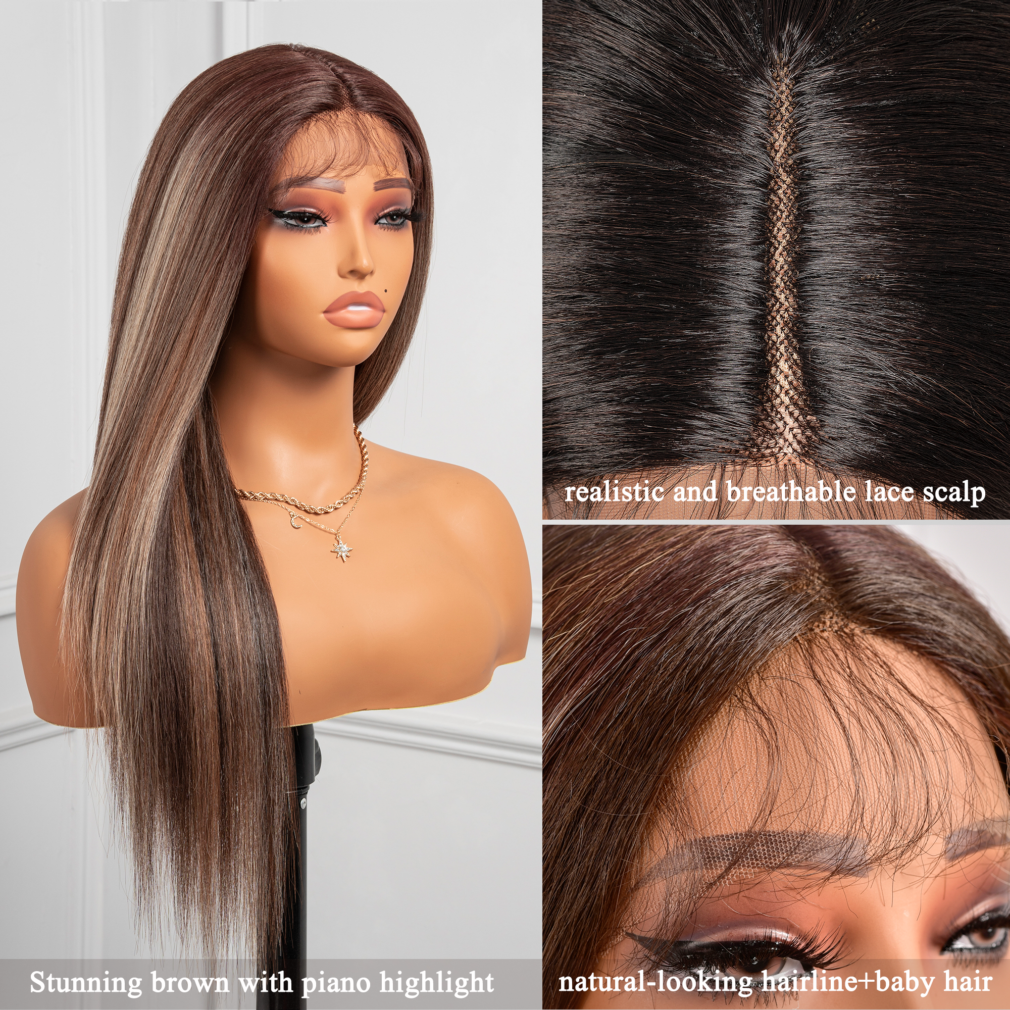 Toyotress Airy Yaki Straight T-middle Part Lace Front Wigs with Baby Hair | 20-32 Inch Long Soft Human Hair Rival Brown With Piano Highlights Wig(1472)