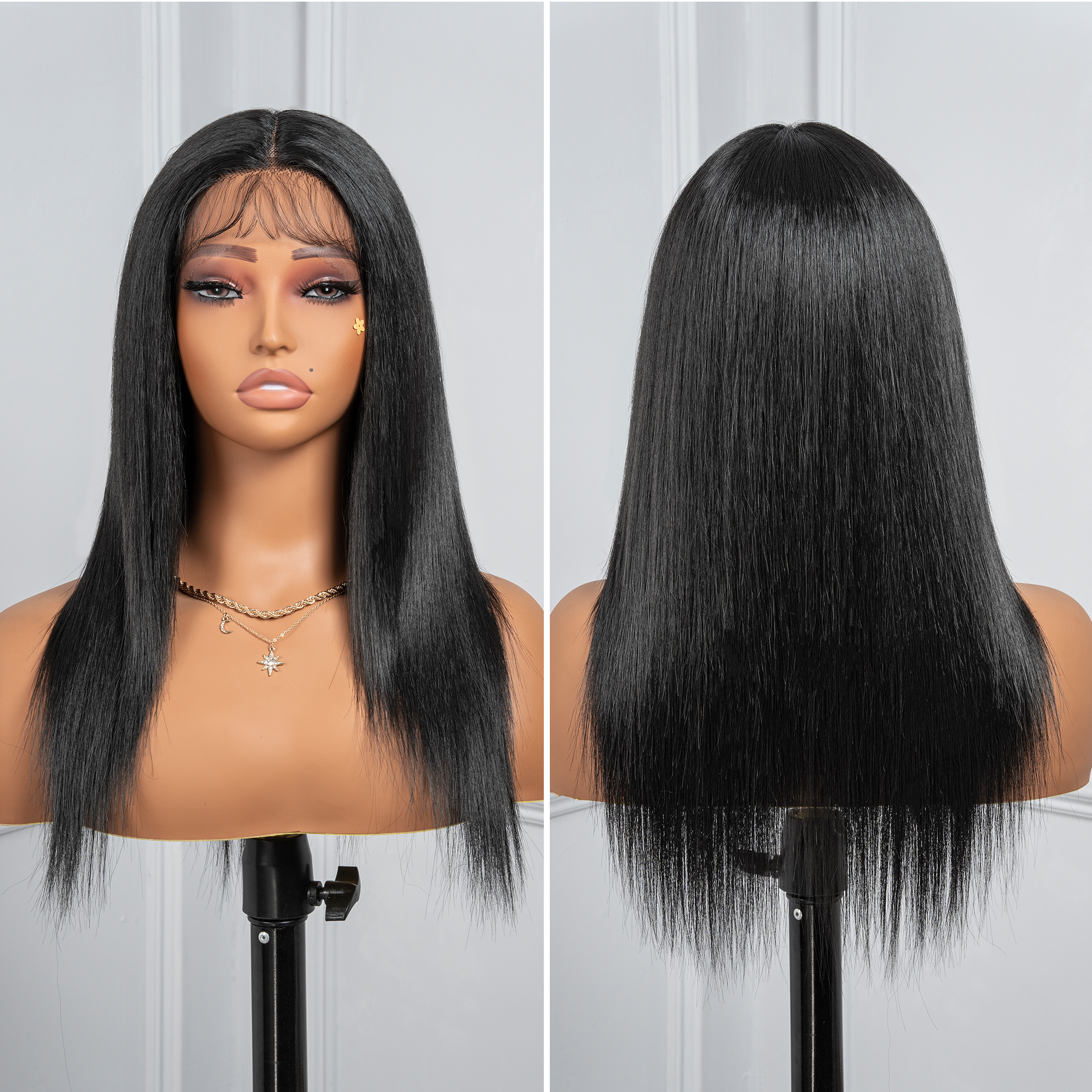 Toyotress Airy Yaki Straight T-middle Part Lace Front Wigs with Baby Hair | 20-32 Inch Long Soft Human Hair Rival Brown With Piano Highlights Wig(1472)