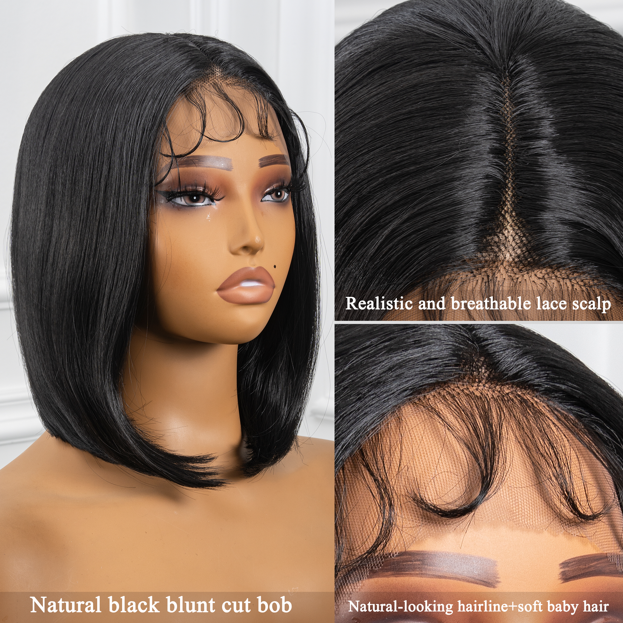 TOYOTRESS AIRY YAKI STRAIGHT T-MIDDLE PART LACE FRONT WIGS WITH BABY HAIR - 12 INCH BOB HUMAN HAIR RIVAL WIG OMBRE BROWN WITH BLACK ROOTS WIG(1027）