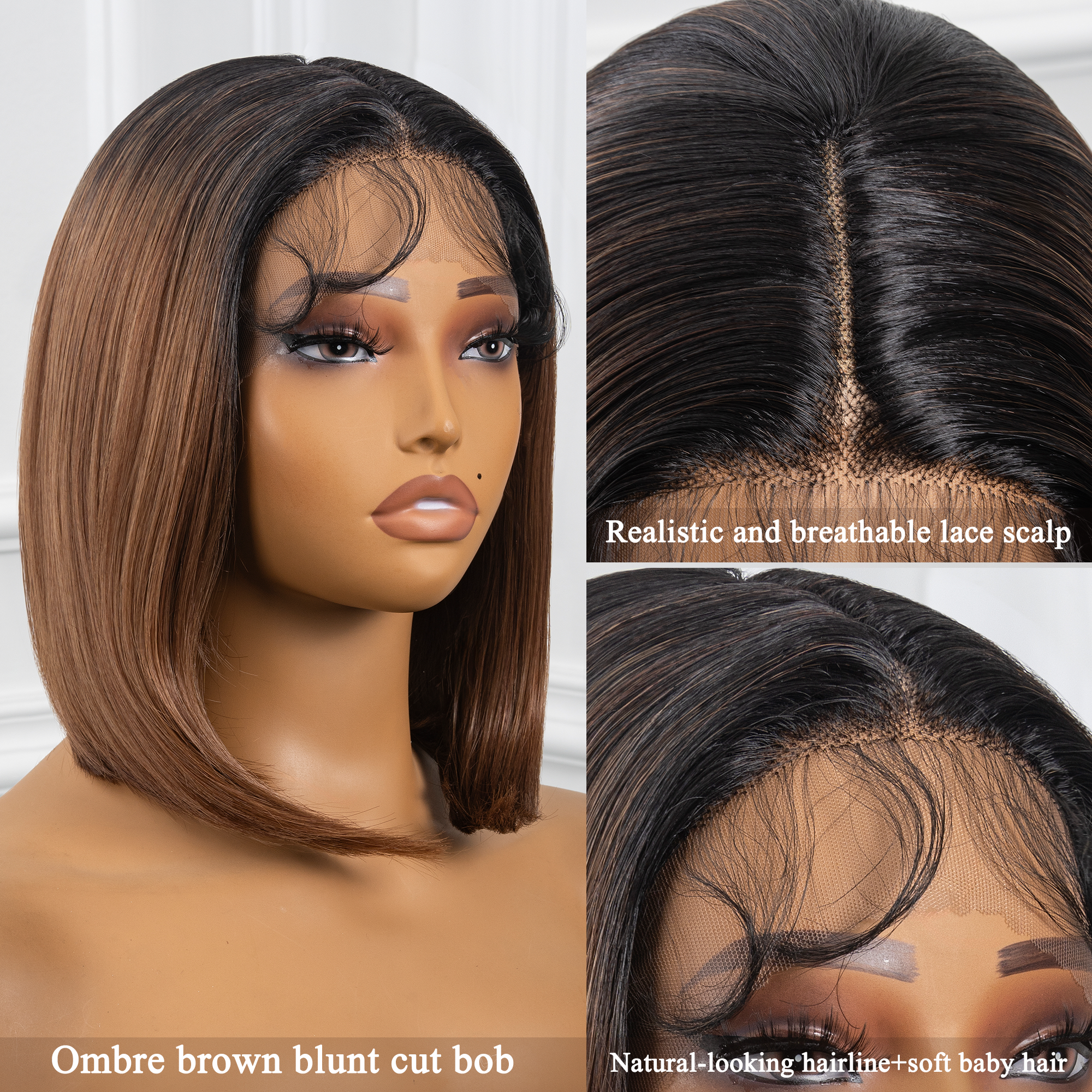 TOYOTRESS AIRY YAKI STRAIGHT T-MIDDLE PART LACE FRONT WIGS WITH BABY HAIR - 12 INCH BOB HUMAN HAIR RIVAL WIG OMBRE BROWN WITH BLACK ROOTS WIG(1027）