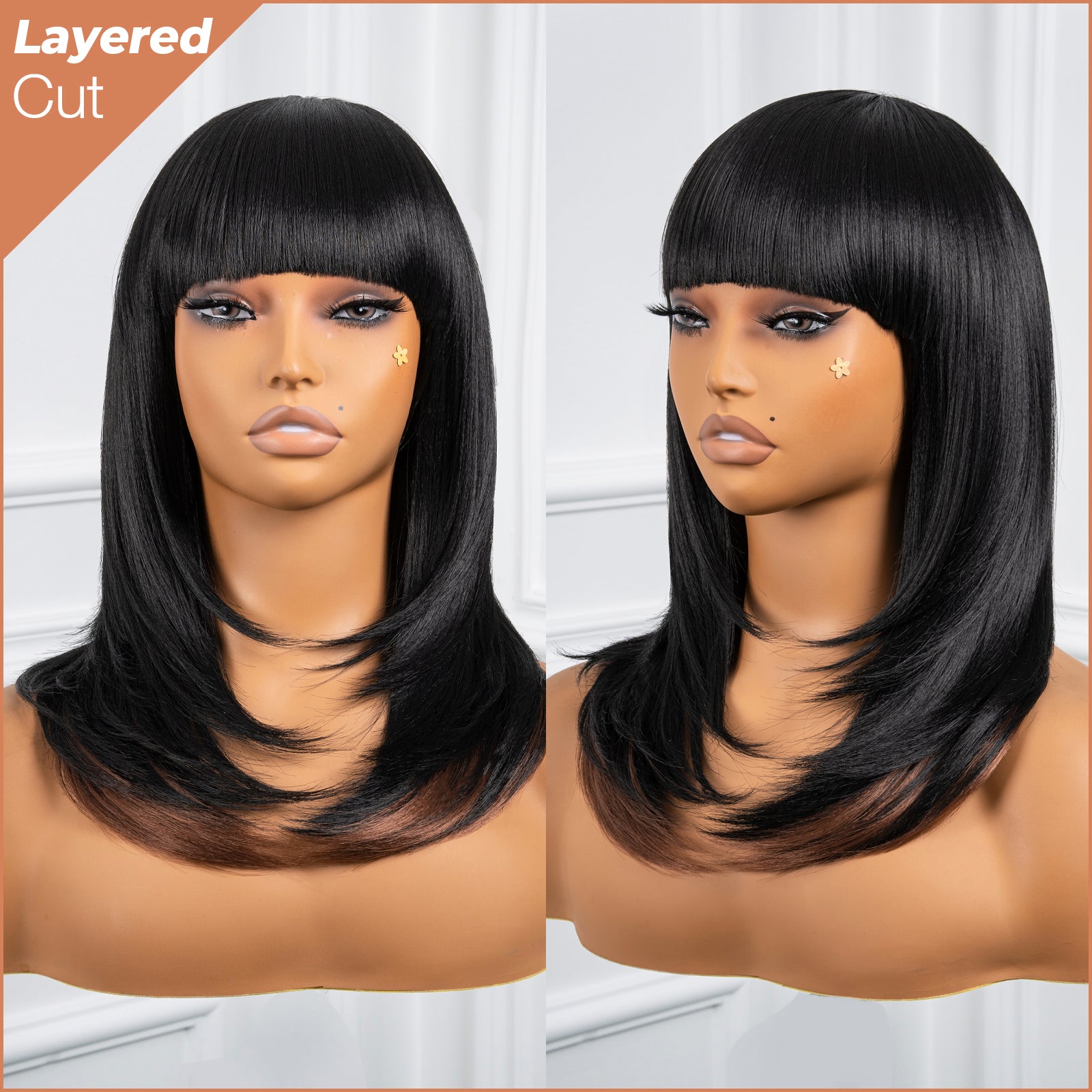 Toyotress  Shoulder-Length Layered Wigs With Bangs -10 Inch Natural Black Mid-Length Wavy Wigs For Black Women, Heat Resistant Synthetic Hair Replacement Wigs (BZ-10)