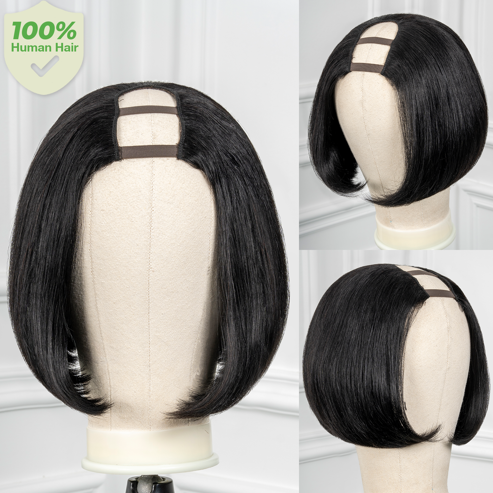 Toyotress U-Part Bob Human Hair Wigs | 8-10 Inch Short Straight Natural Black Glueless Wigs for Black Women, Light Yaki Unprocessed 100% Brazilian Virgin Hair U-part Clip In Wigs 180% Density (U-part)