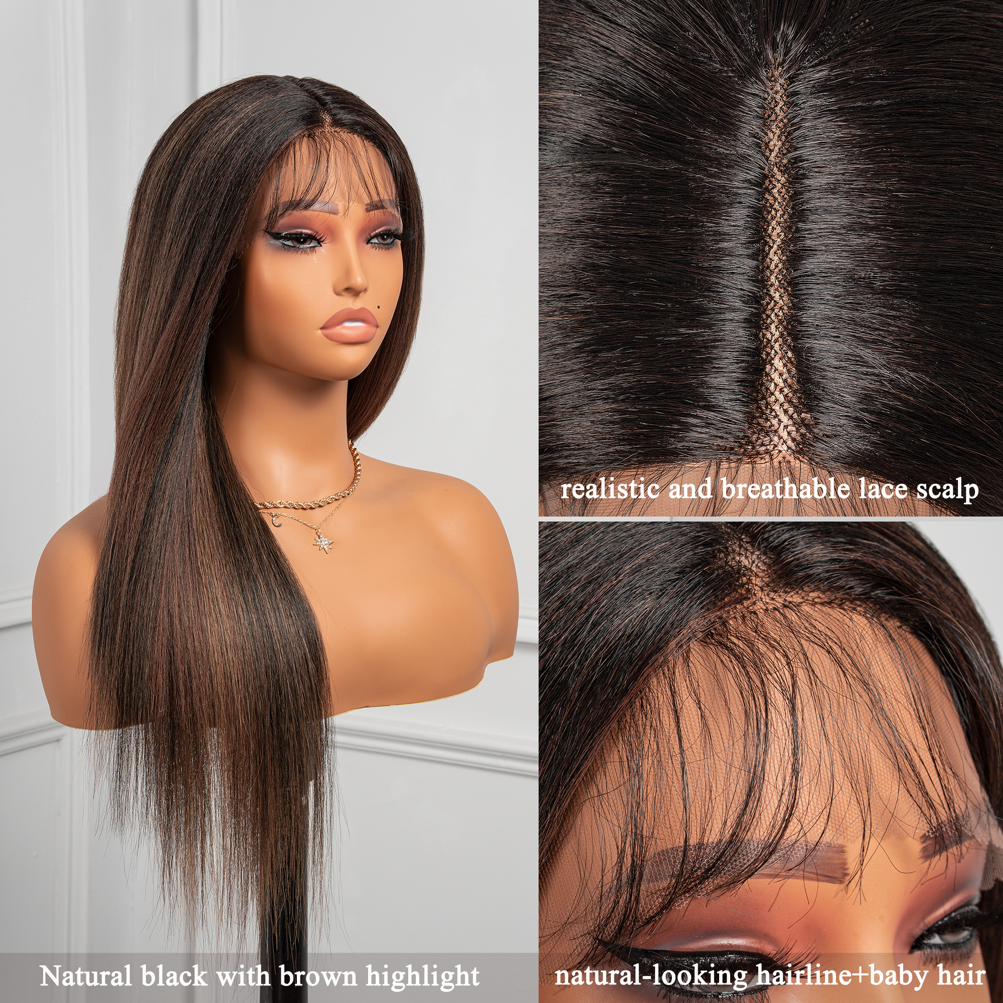 Toyotress Airy Yaki Straight T-middle Part Lace Front Wigs with Baby Hair | 20-32 Inch Long Soft Human Hair Rival Brown With Piano Highlights Wig(1472)