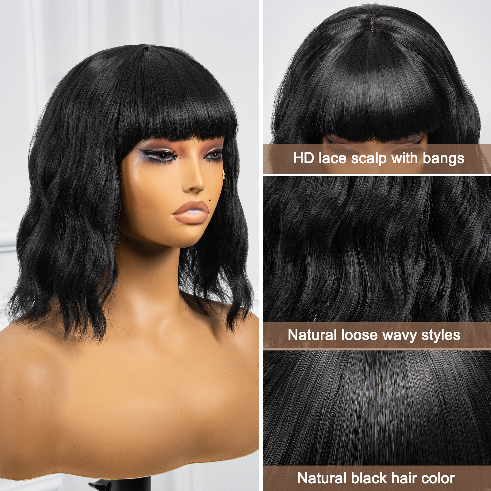 TOYOTRESS Pink Paradise LOOSE WAVY SHORT BOB WIGS HD LACE PART WITH BANGS - 12 INCH NATURAL BLACK BOB HAIR WIGS FOR BLACK WOMEN, SHOULDER LENGTH CURLY SYNTHETIC WIGS (LF0926)