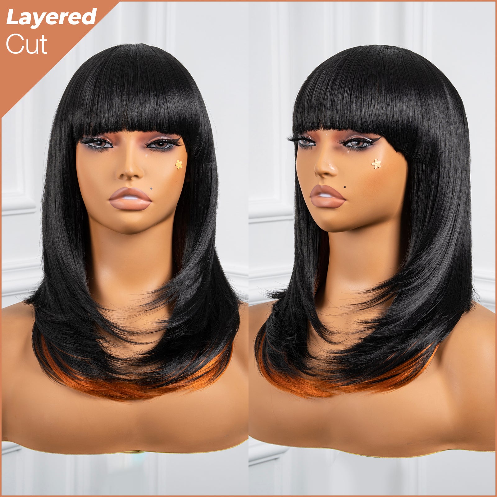 Toyotress  Shoulder-Length Layered Wigs With Bangs -10 Inch Natural Black Mid-Length Wavy Wigs For Black Women, Heat Resistant Synthetic Hair Replacement Wigs (BZ-10)