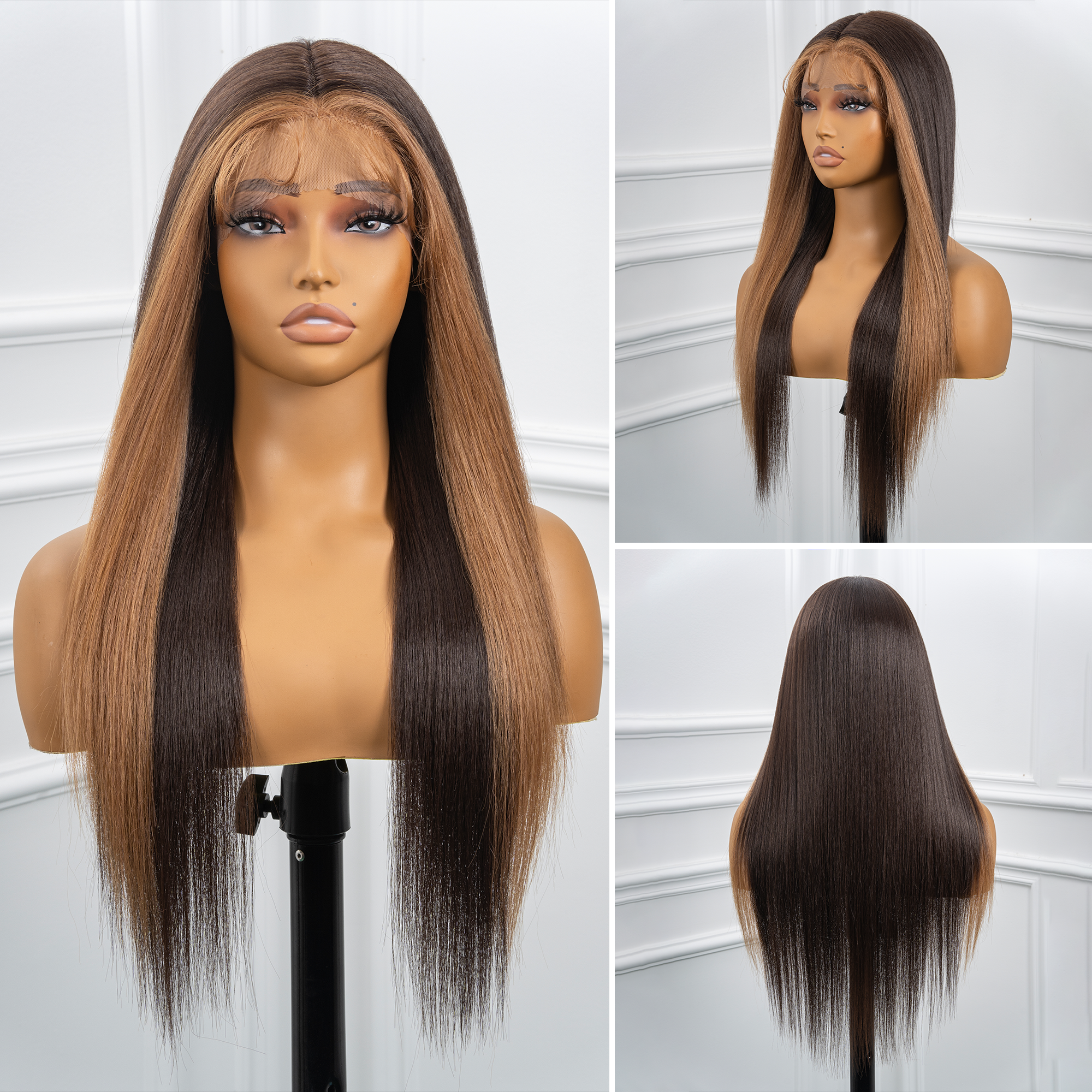 Toyotress Airy Yaki Straight T-middle Part Lace Front Wigs with Baby Hair | 20-32 Inch Long Soft Human Hair Rival Brown With Piano Highlights Wig(1472)