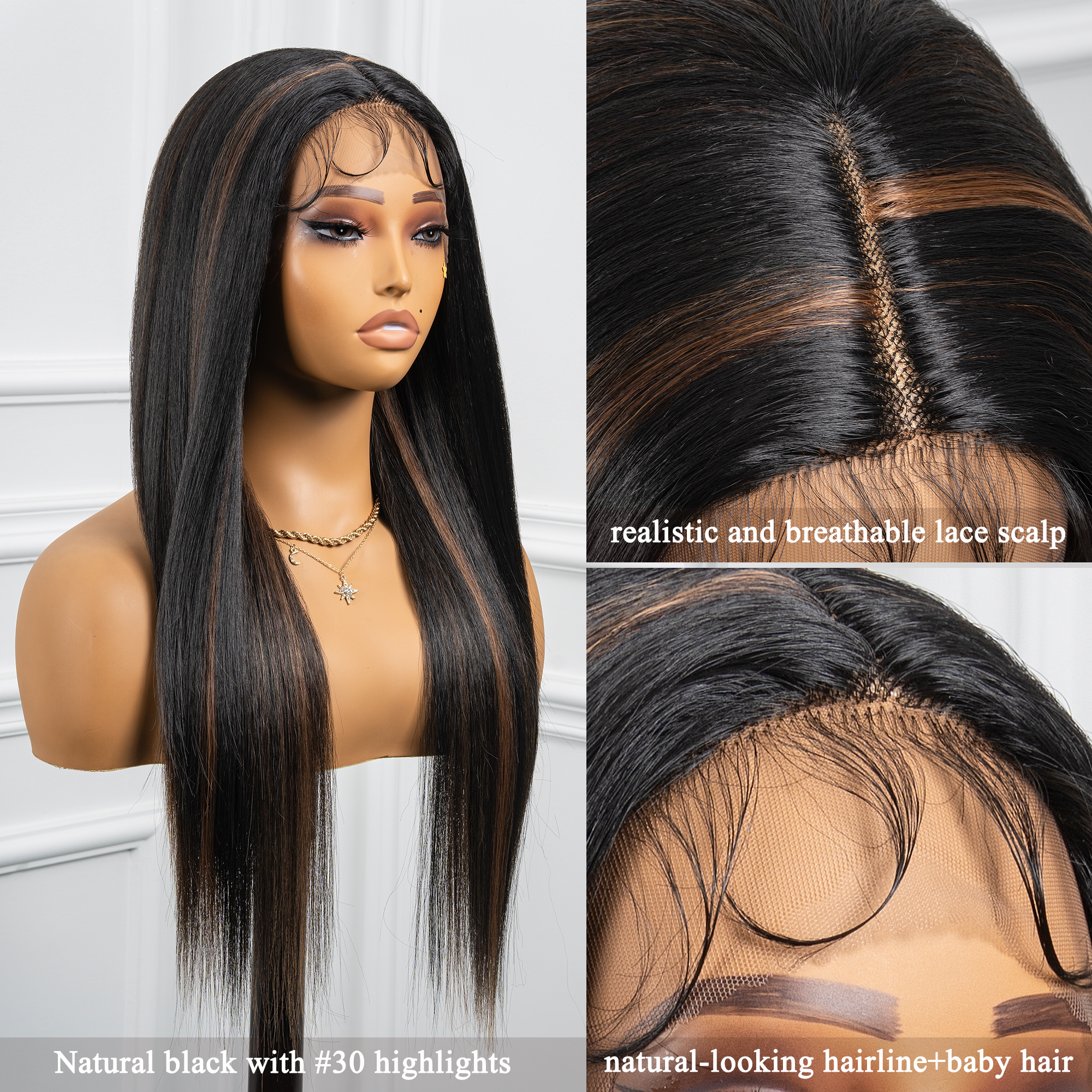 Toyotress Airy Yaki Straight T-middle Part Lace Front Wigs with Baby Hair | 20-32 Inch Long Soft Human Hair Rival Brown With Piano Highlights Wig(1472)