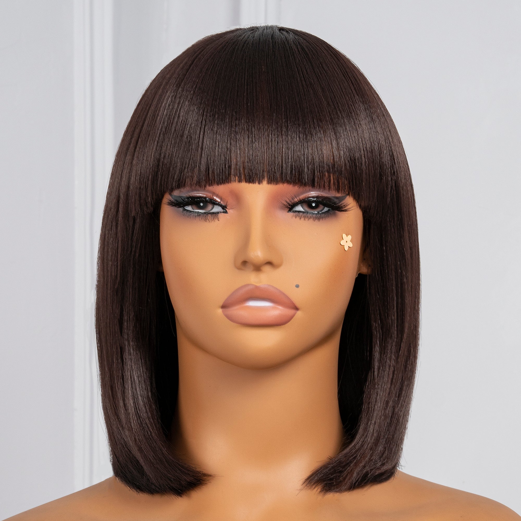 Toyotress Short Bob Synthetic Wigs | Blunt cut Natural Black Straight Wig with Bangs Synthetic Wig（612H+618）