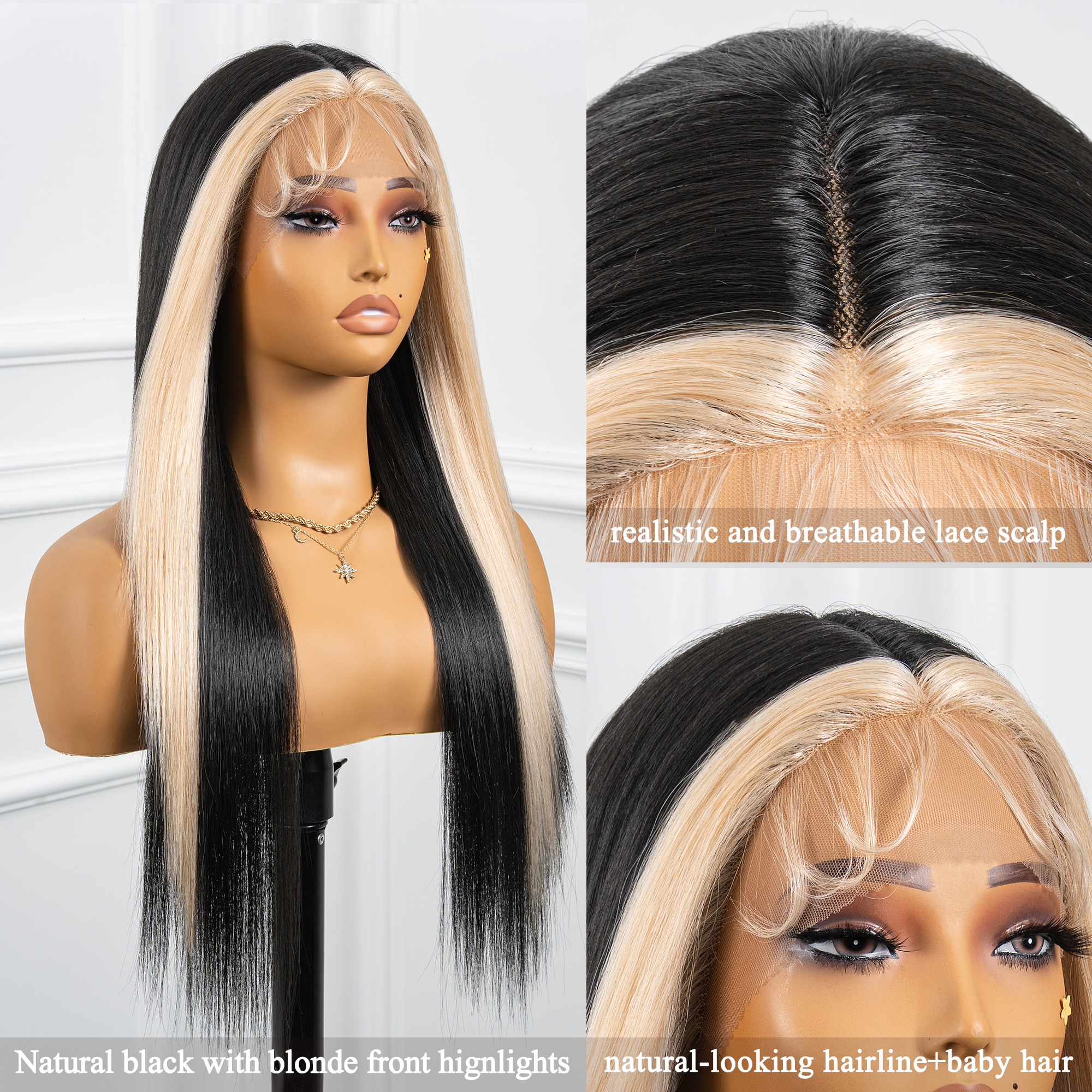 Toyotress Airy Yaki Straight T-middle Part Lace Front Wigs with Baby Hair | 20-32 Inch Long Soft Human Hair Rival Brown With Piano Highlights Wig(1472)