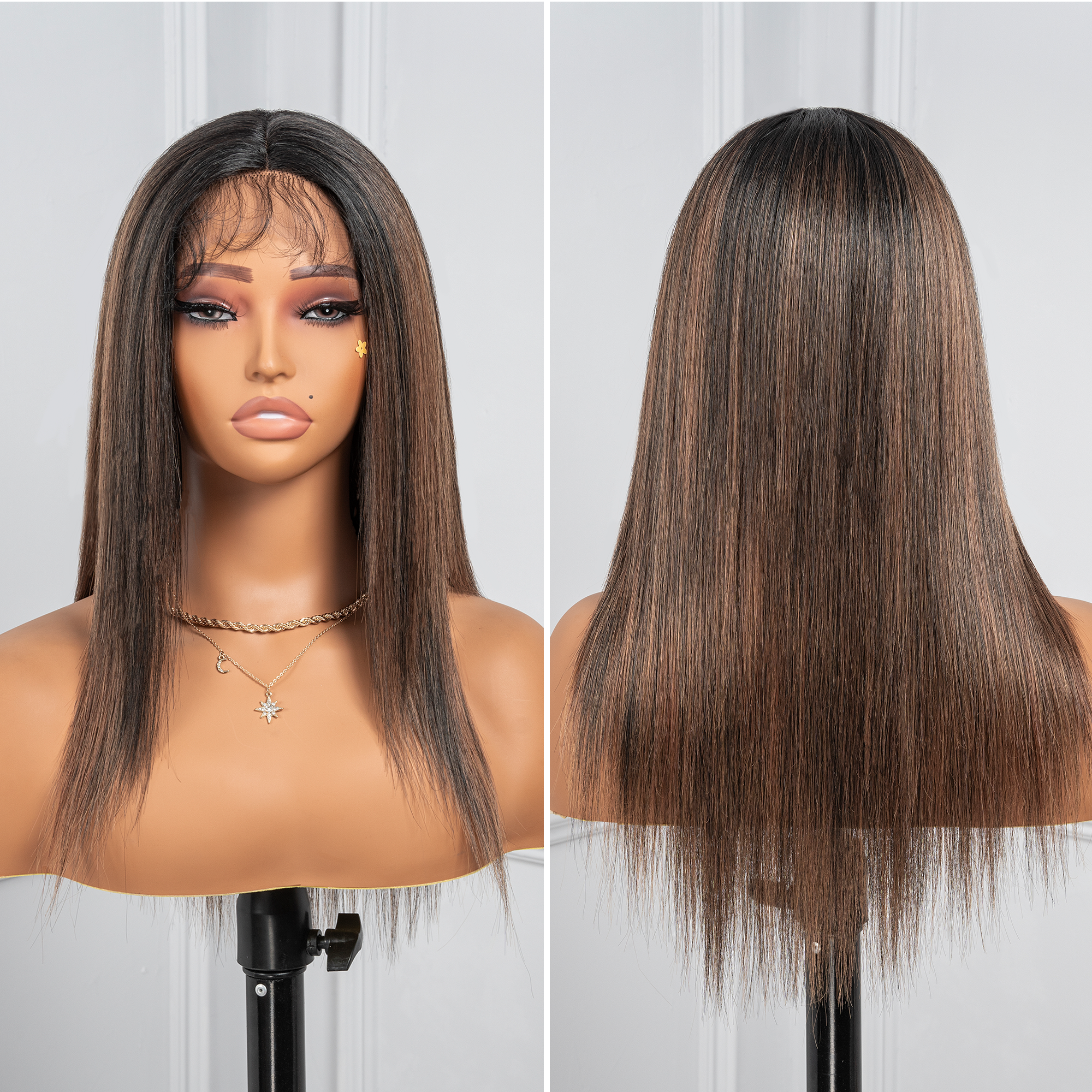 Toyotress Airy Yaki Straight T-middle Part Lace Front Wigs with Baby Hair | 20-32 Inch Long Soft Human Hair Rival Brown With Piano Highlights Wig(1472)