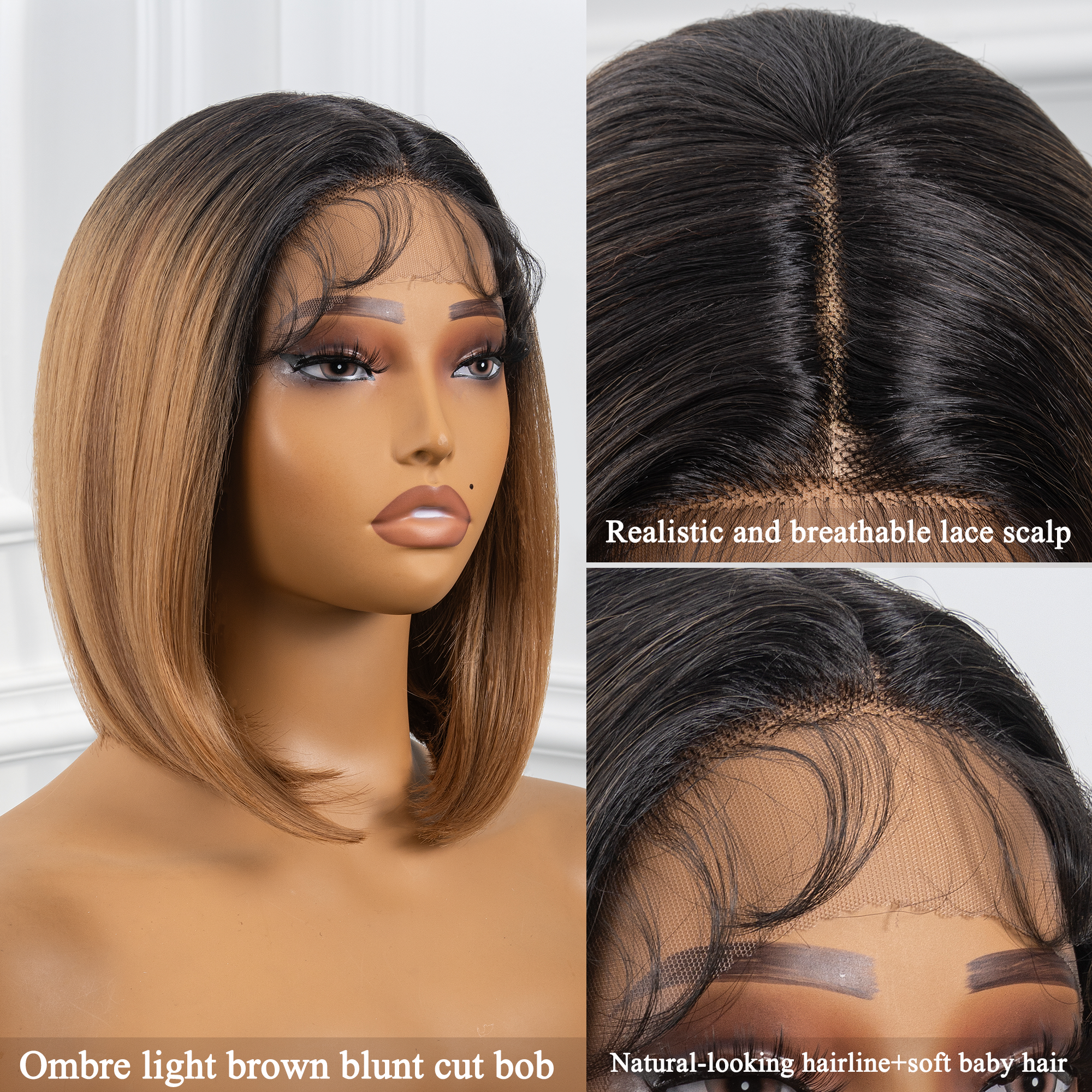 TOYOTRESS AIRY YAKI STRAIGHT T-MIDDLE PART LACE FRONT WIGS WITH BABY HAIR - 12 INCH BOB HUMAN HAIR RIVAL WIG OMBRE BROWN WITH BLACK ROOTS WIG(1027）