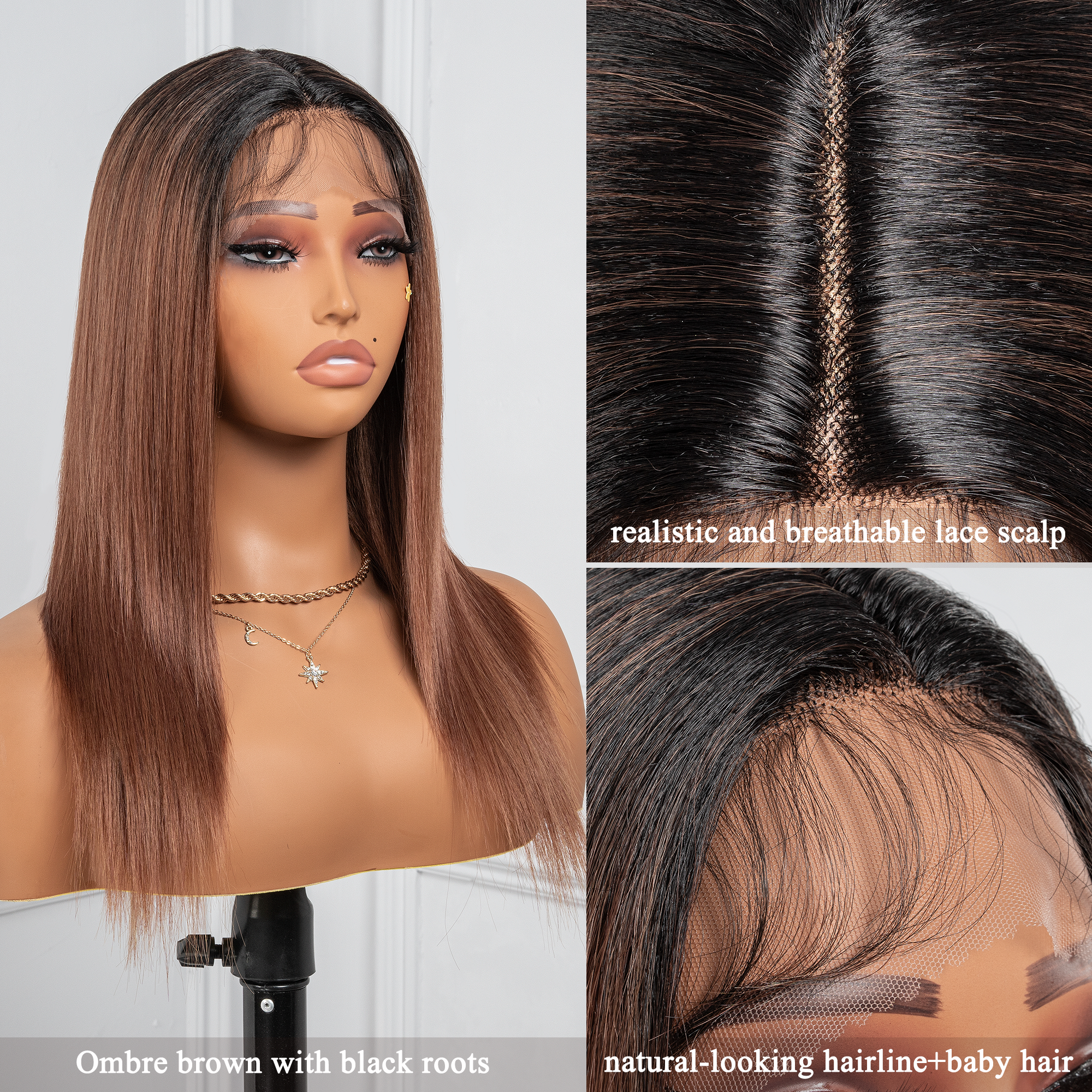 Toyotress Airy Yaki Straight T-middle Part Lace Front Wigs with Baby Hair | 20-32 Inch Long Soft Human Hair Rival Brown With Piano Highlights Wig(1472)