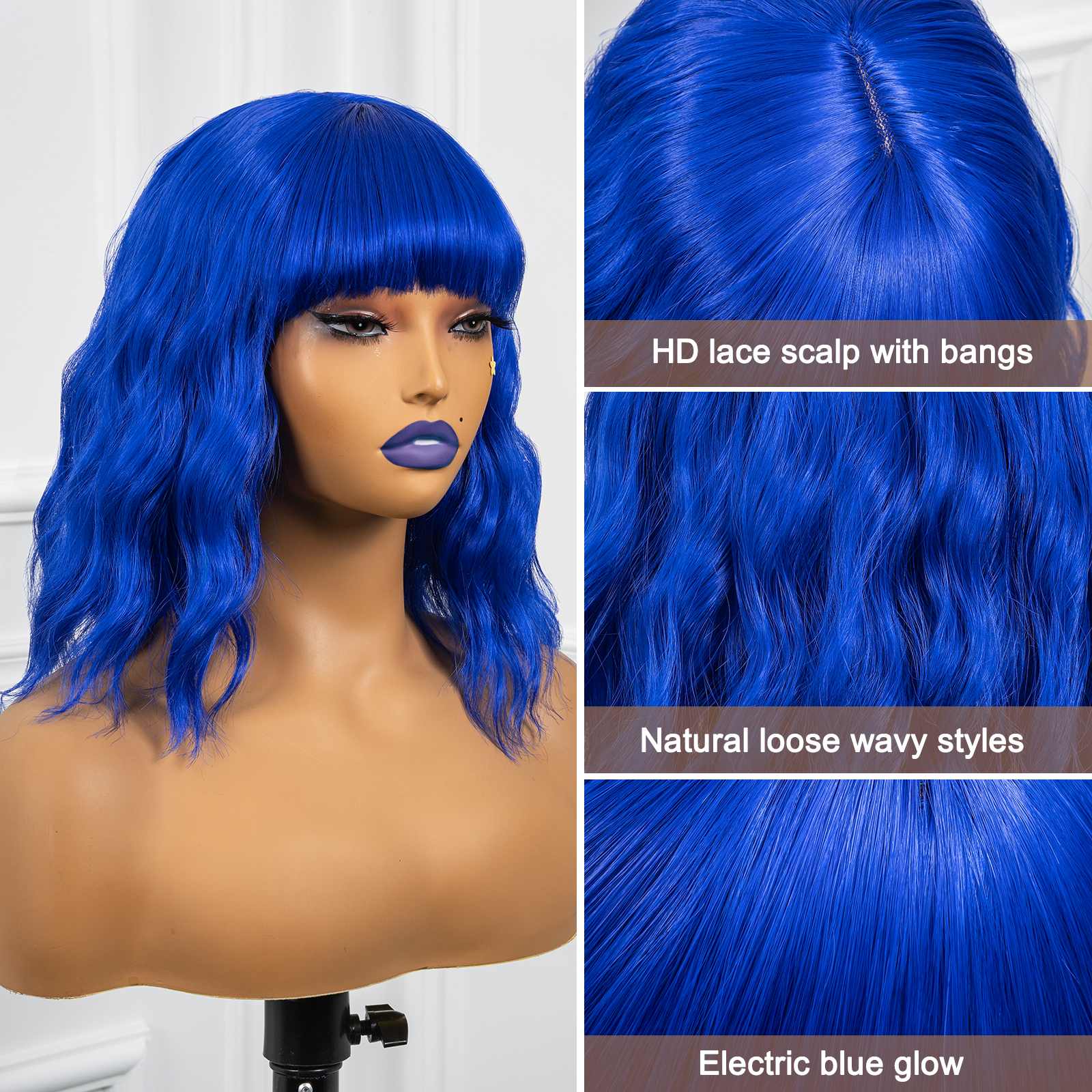 TOYOTRESS Pink Paradise LOOSE WAVY SHORT BOB WIGS HD LACE PART WITH BANGS - 12 INCH NATURAL BLACK BOB HAIR WIGS FOR BLACK WOMEN, SHOULDER LENGTH CURLY SYNTHETIC WIGS (LF0926)