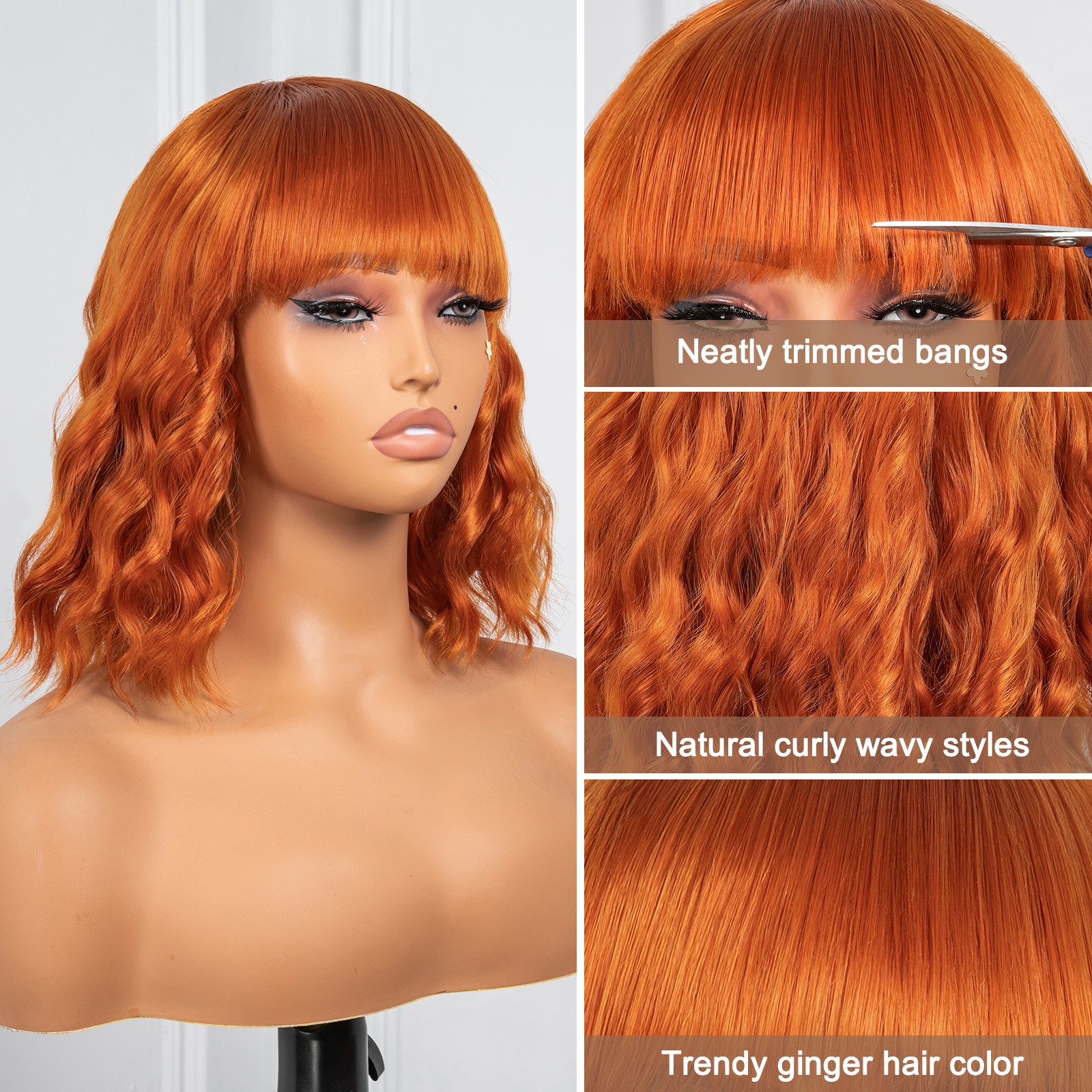 Pumpkin Spice Tresses Toyotress Short Wavy Wigs with Bangs 10 inch Natural Black Bob Hair Wigs for Black Women Shoulder Length Curly Synthetic