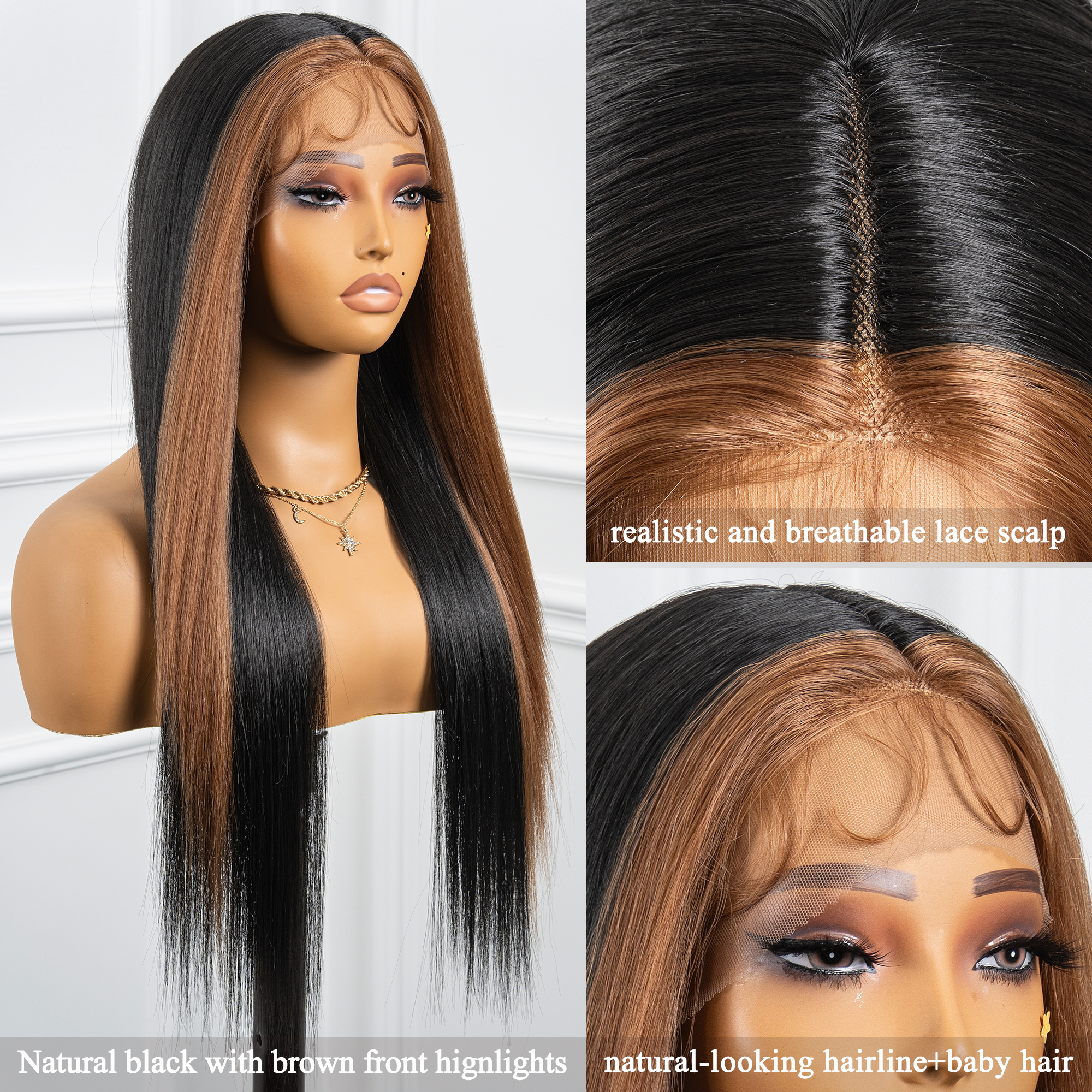 Toyotress Airy Yaki Straight T-middle Part Lace Front Wigs with Baby Hair | 20-32 Inch Long Soft Human Hair Rival Brown With Piano Highlights Wig(1472)