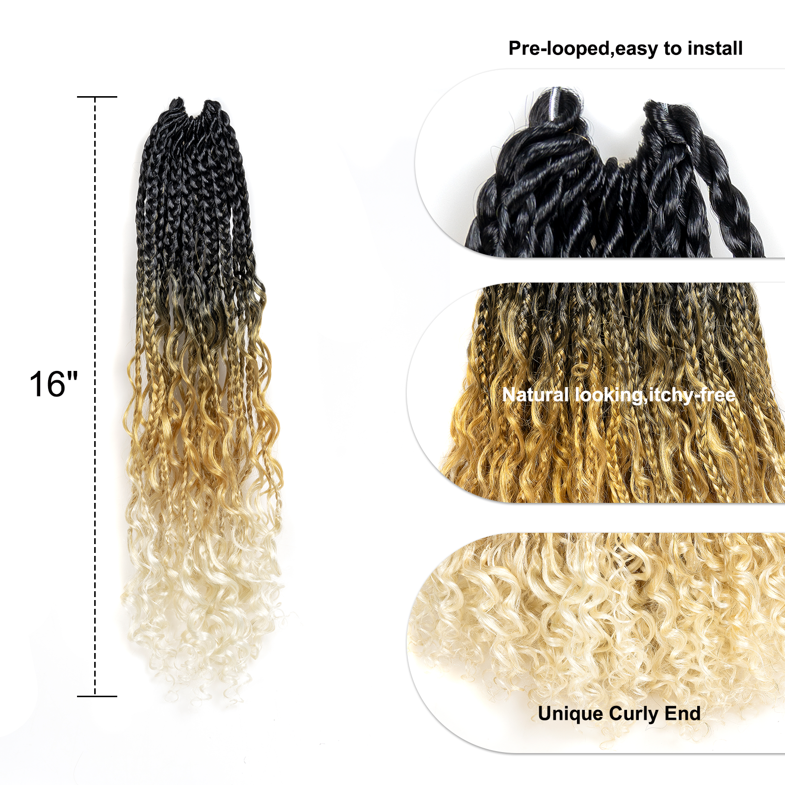 𝕮𝖆𝖓𝖈𝖊𝖗 | Bohemian Box Braid with Curl  12-20 Inch | Pre-Twisted Pre-Looped Crochet Synthetic Braiding Hair