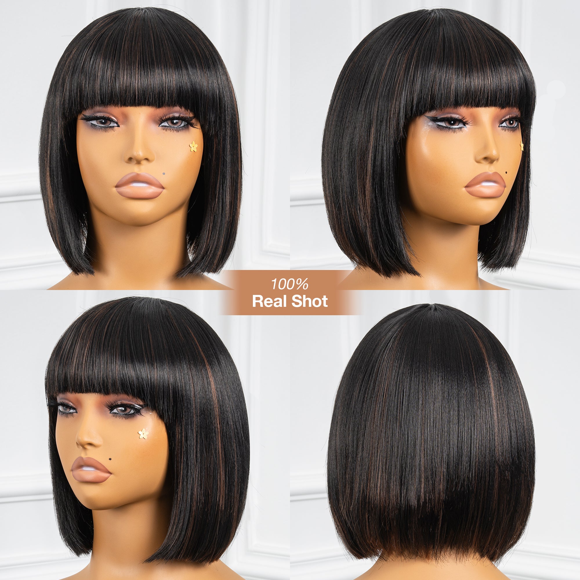 Toyotress Short Bob Synthetic Wigs | Blunt cut Natural Black Straight Wig with Bangs Synthetic Wig（612H+618）