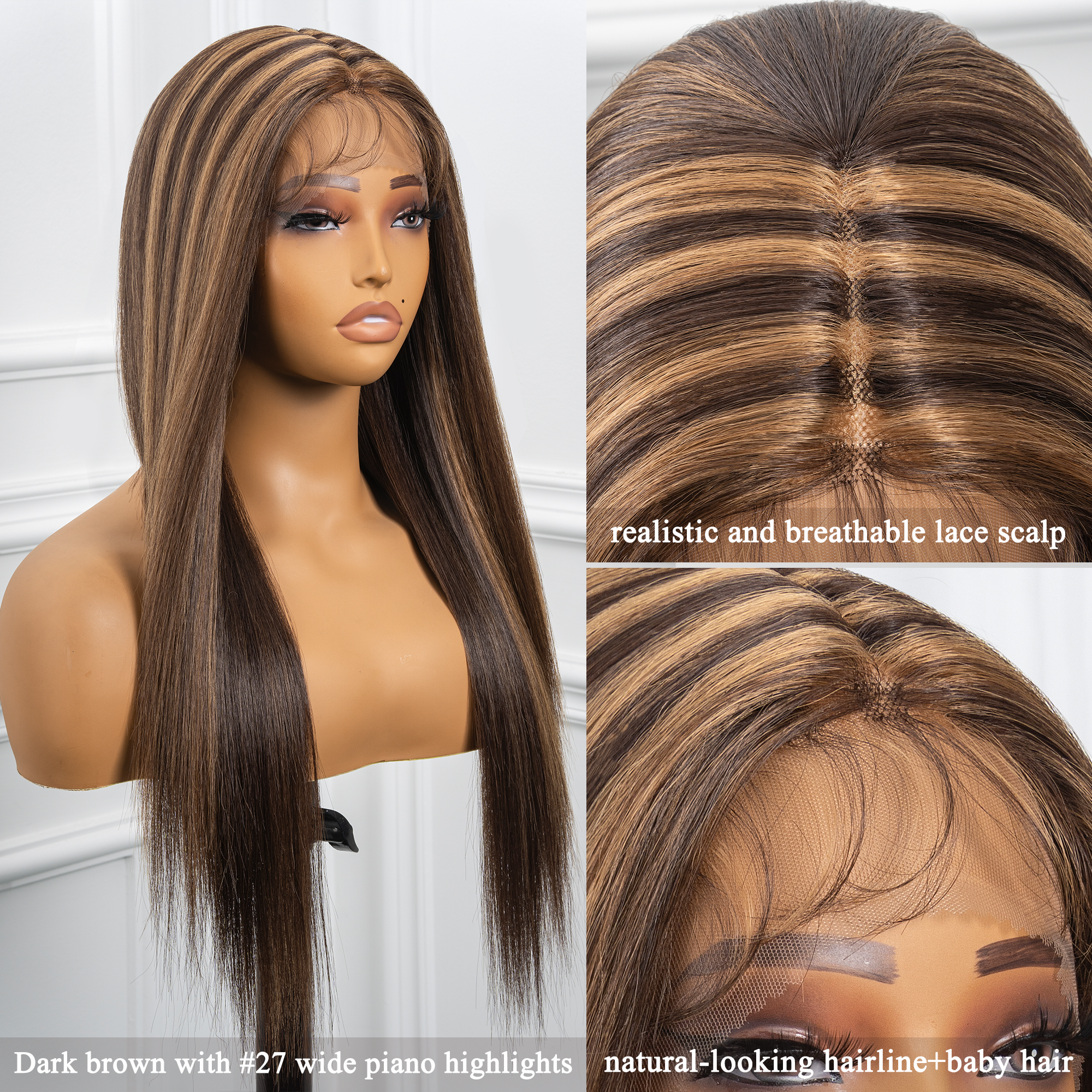 Toyotress Airy Yaki Straight T-middle Part Lace Front Wigs with Baby Hair | 20-32 Inch Long Soft Human Hair Rival Brown With Piano Highlights Wig(1472)