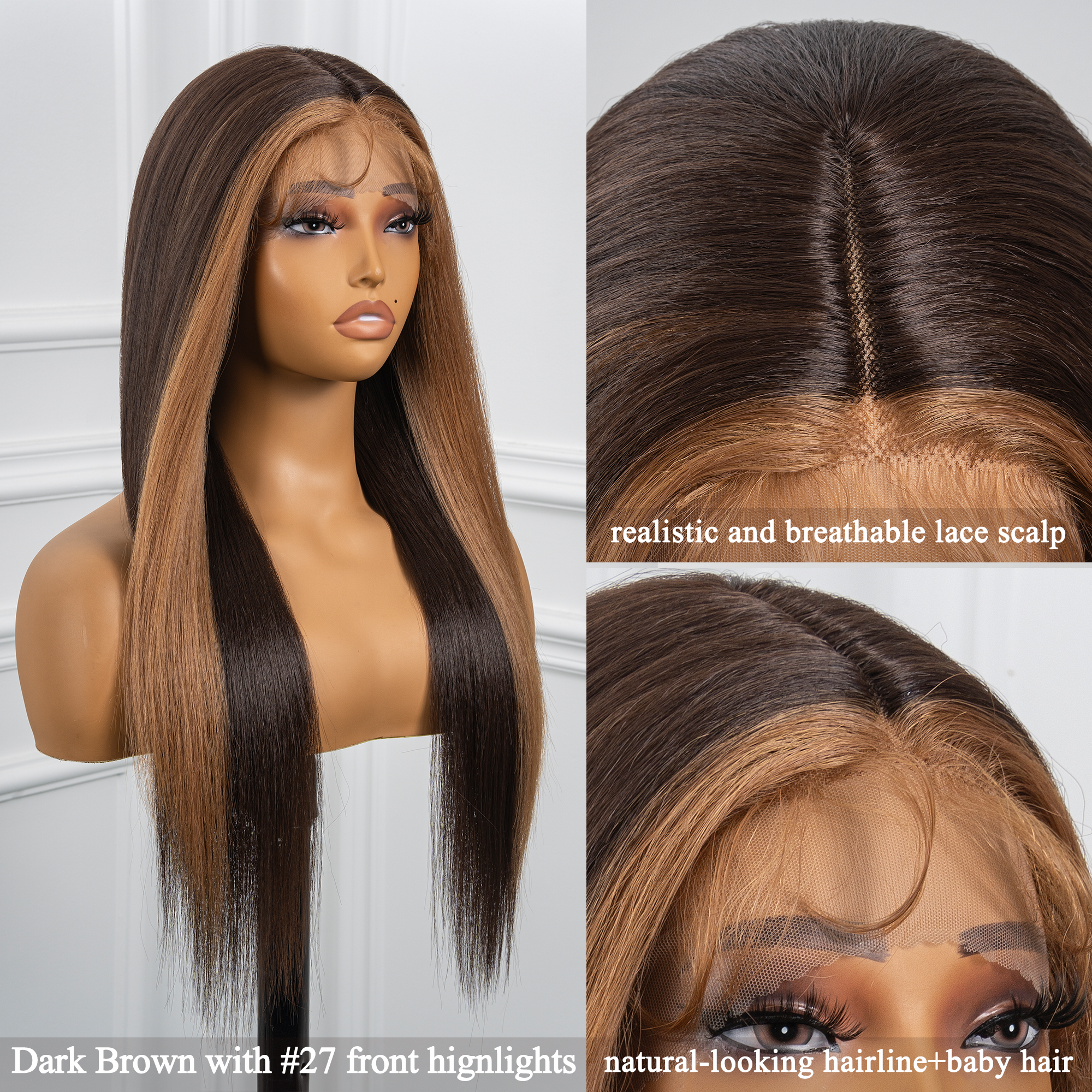 Toyotress Airy Yaki Straight T-middle Part Lace Front Wigs with Baby Hair | 20-32 Inch Long Soft Human Hair Rival Brown With Piano Highlights Wig(1472)