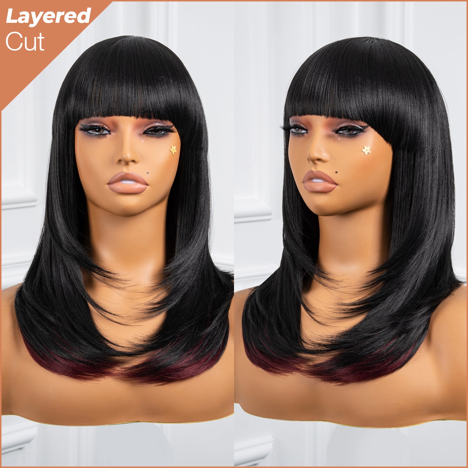 Toyotress  Shoulder-Length Layered Wigs With Bangs -10 Inch Natural Black Mid-Length Wavy Wigs For Black Women, Heat Resistant Synthetic Hair Replacement Wigs (BZ-10)