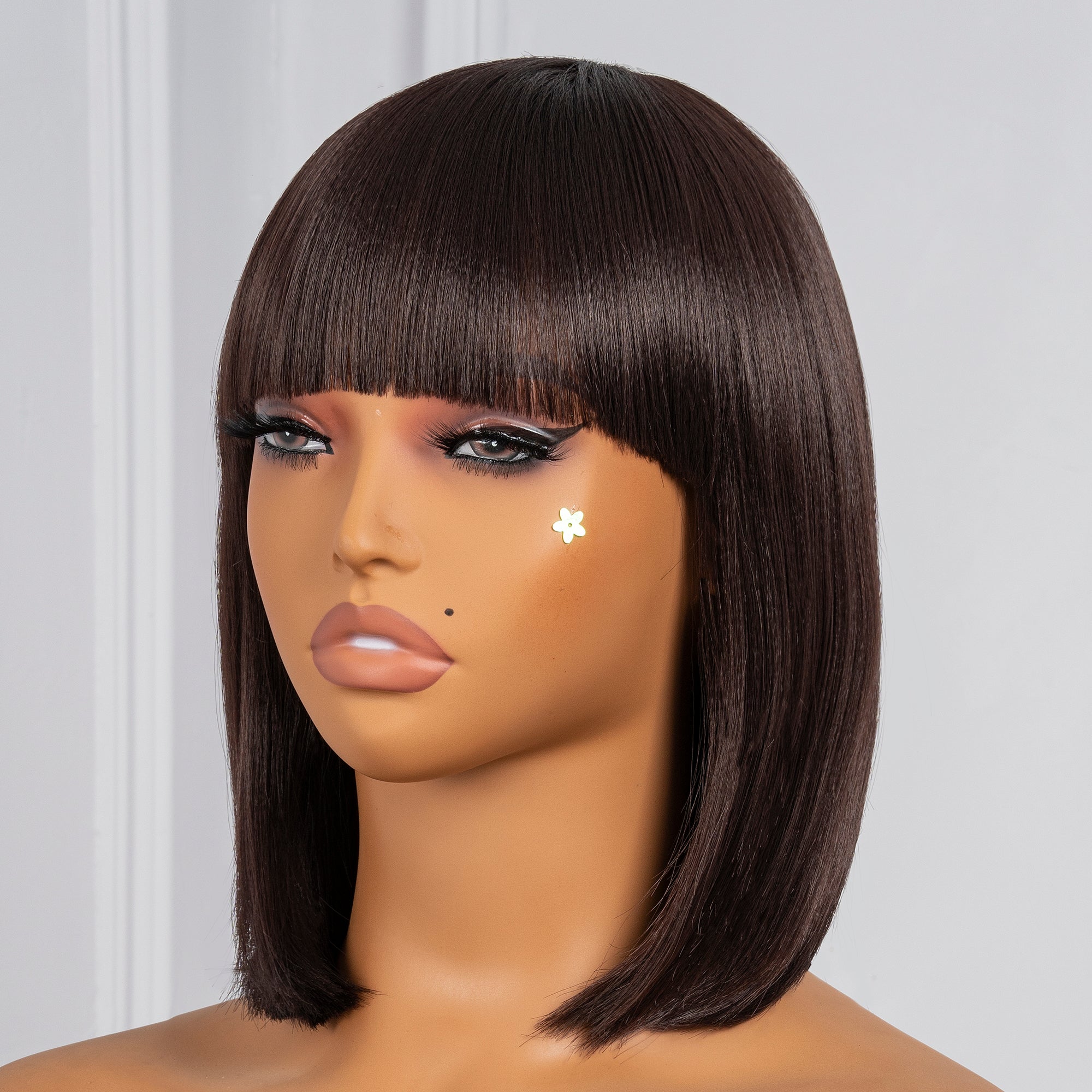 Toyotress Short Bob Synthetic Wigs | Blunt cut Natural Black Straight Wig with Bangs Synthetic Wig（612H+618）