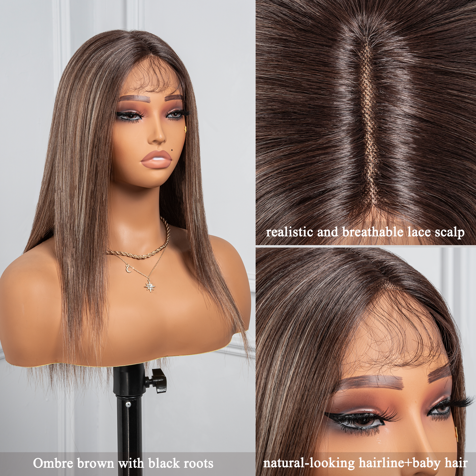 Toyotress Airy Yaki Straight T-middle Part Lace Front Wigs with Baby Hair | 20-32 Inch Long Soft Human Hair Rival Brown With Piano Highlights Wig(1472)