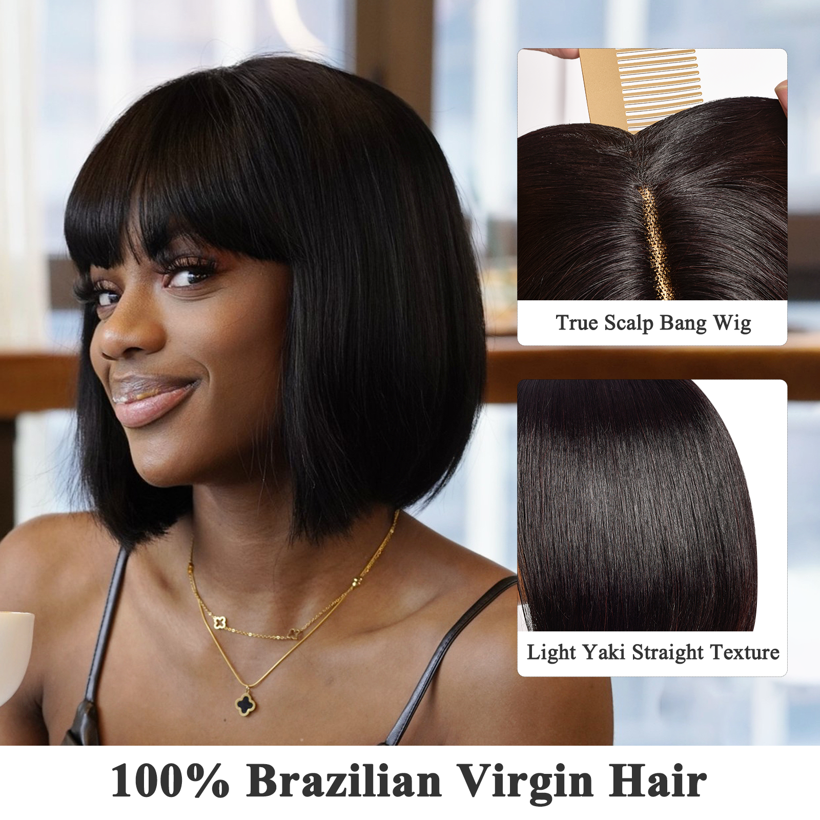 Toyotress Human Hair Bob Wigs - 10 Inch Blunt Cut Short Black Bob Wigs With Bangs, Light Yaki Straight Realistic Look HD Invisible 13*4 T-Part long Lace Glueless 100% Brazilian Virgin Hair Wigs (LF0922H)