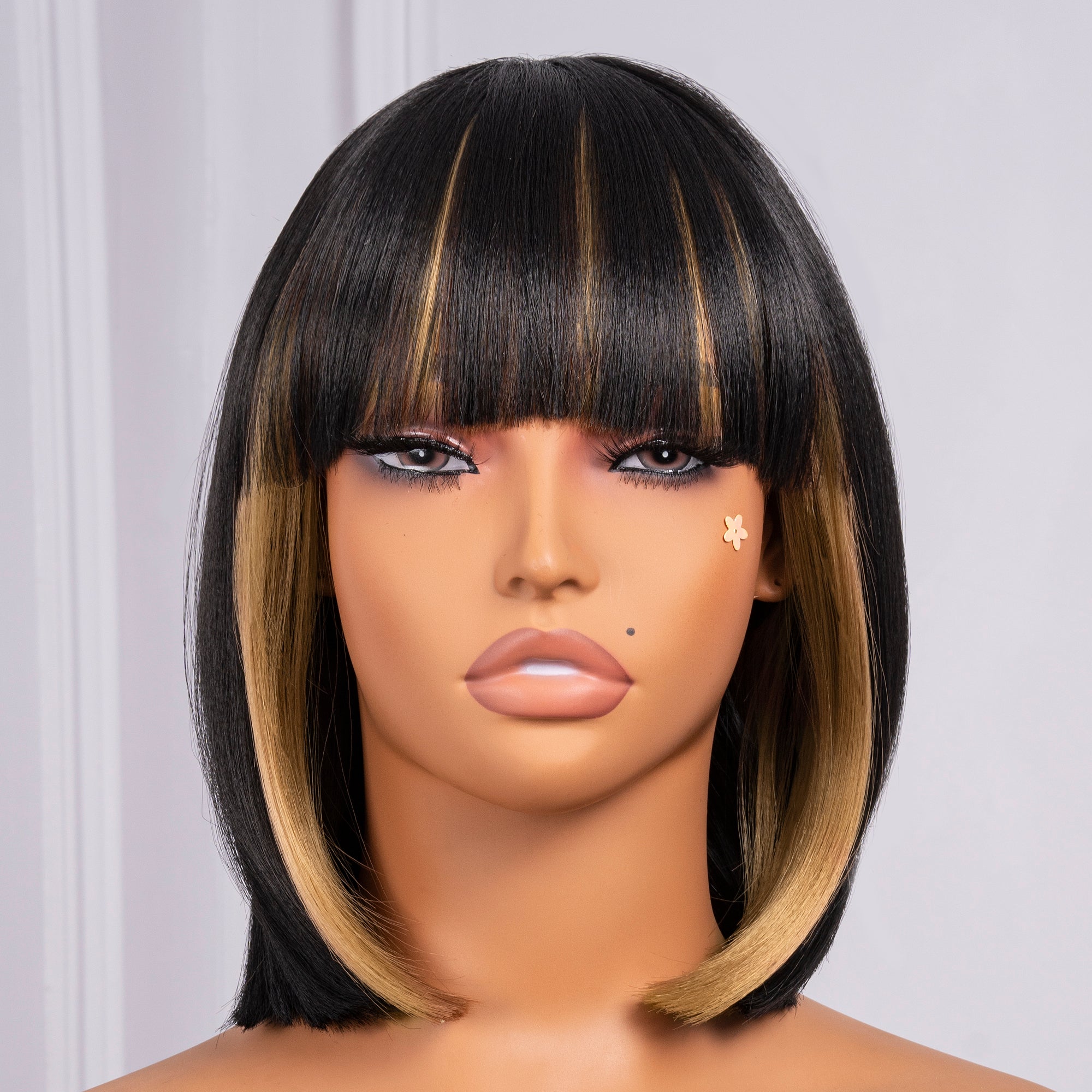 Toyotress Short Bob Synthetic Wigs | Blunt cut Natural Black Straight Wig with Bangs Synthetic Wig（612H+618）