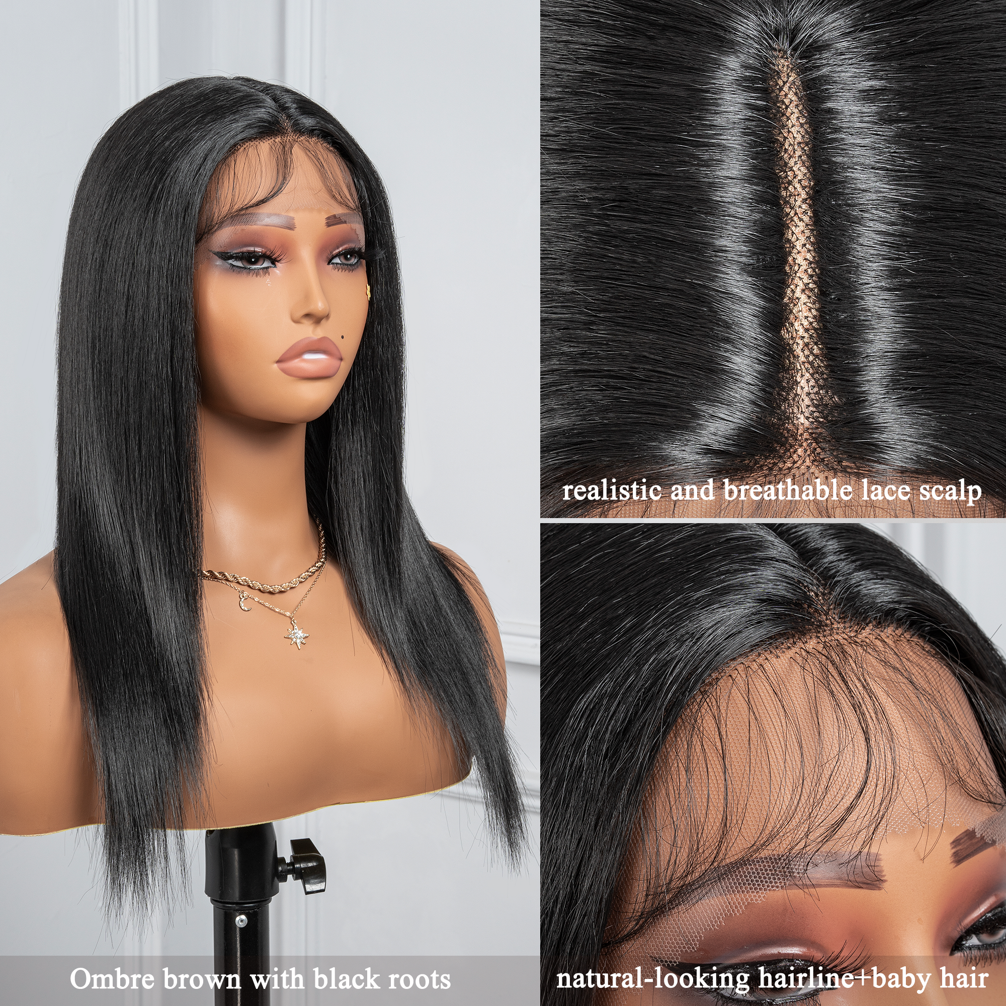 Toyotress Airy Yaki Straight T-middle Part Lace Front Wigs with Baby Hair | 20-32 Inch Long Soft Human Hair Rival Brown With Piano Highlights Wig(1472)