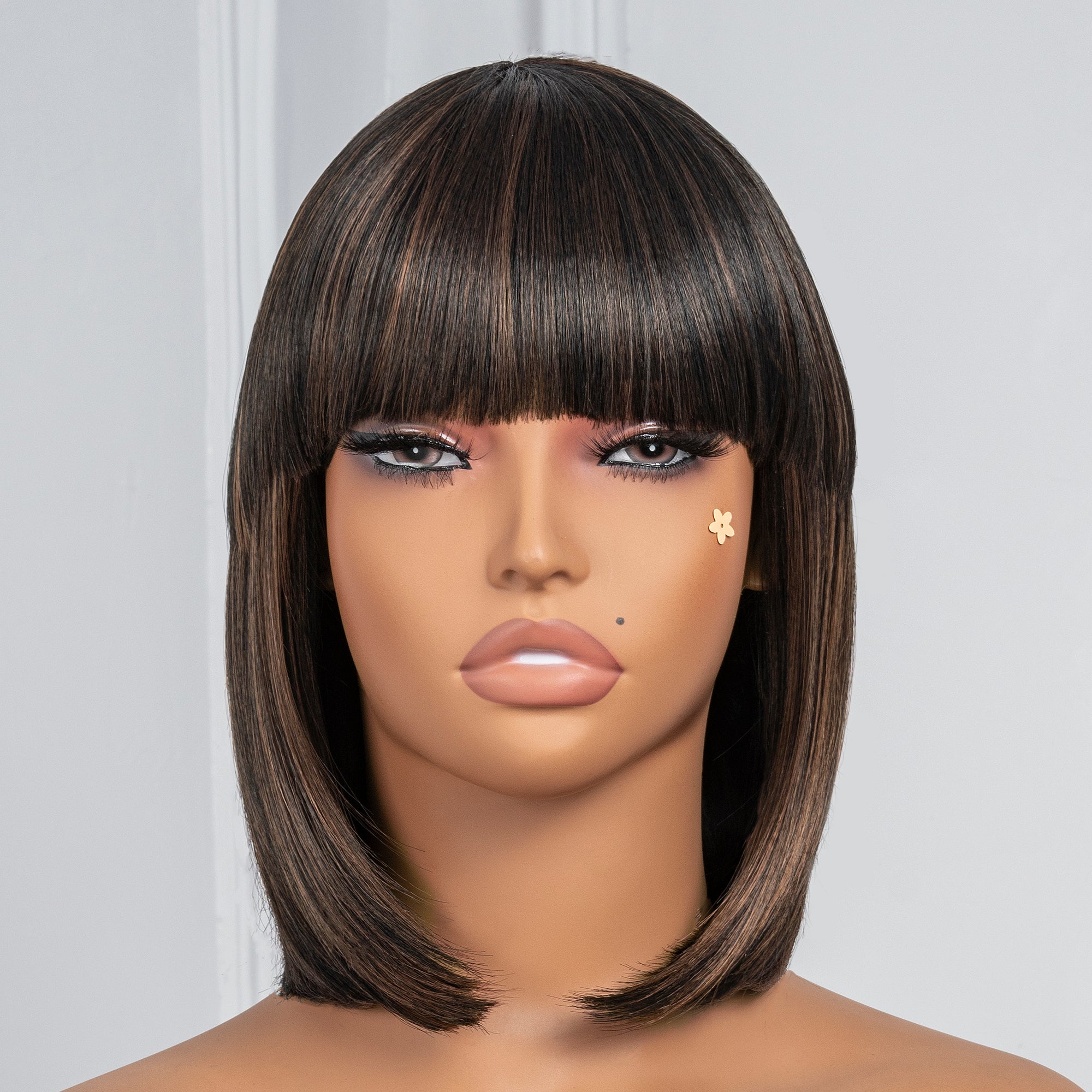 Toyotress Short Bob Synthetic Wigs | Blunt cut Natural Black Straight Wig with Bangs Synthetic Wig（612H+618）