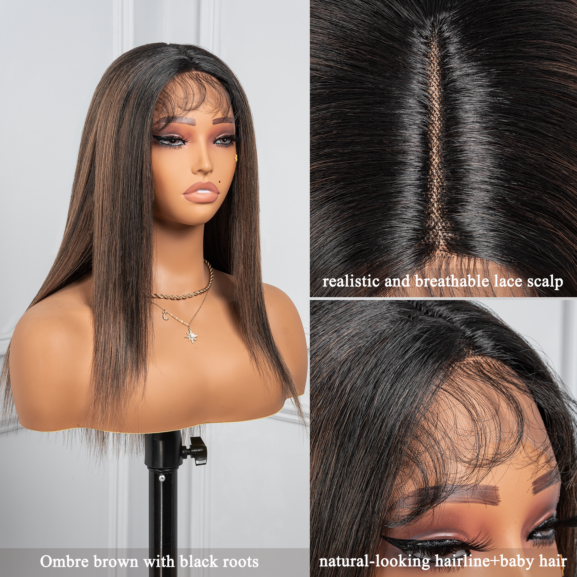 Toyotress Airy Yaki Straight T-middle Part Lace Front Wigs with Baby Hair | 20-32 Inch Long Soft Human Hair Rival Brown With Piano Highlights Wig(1472)