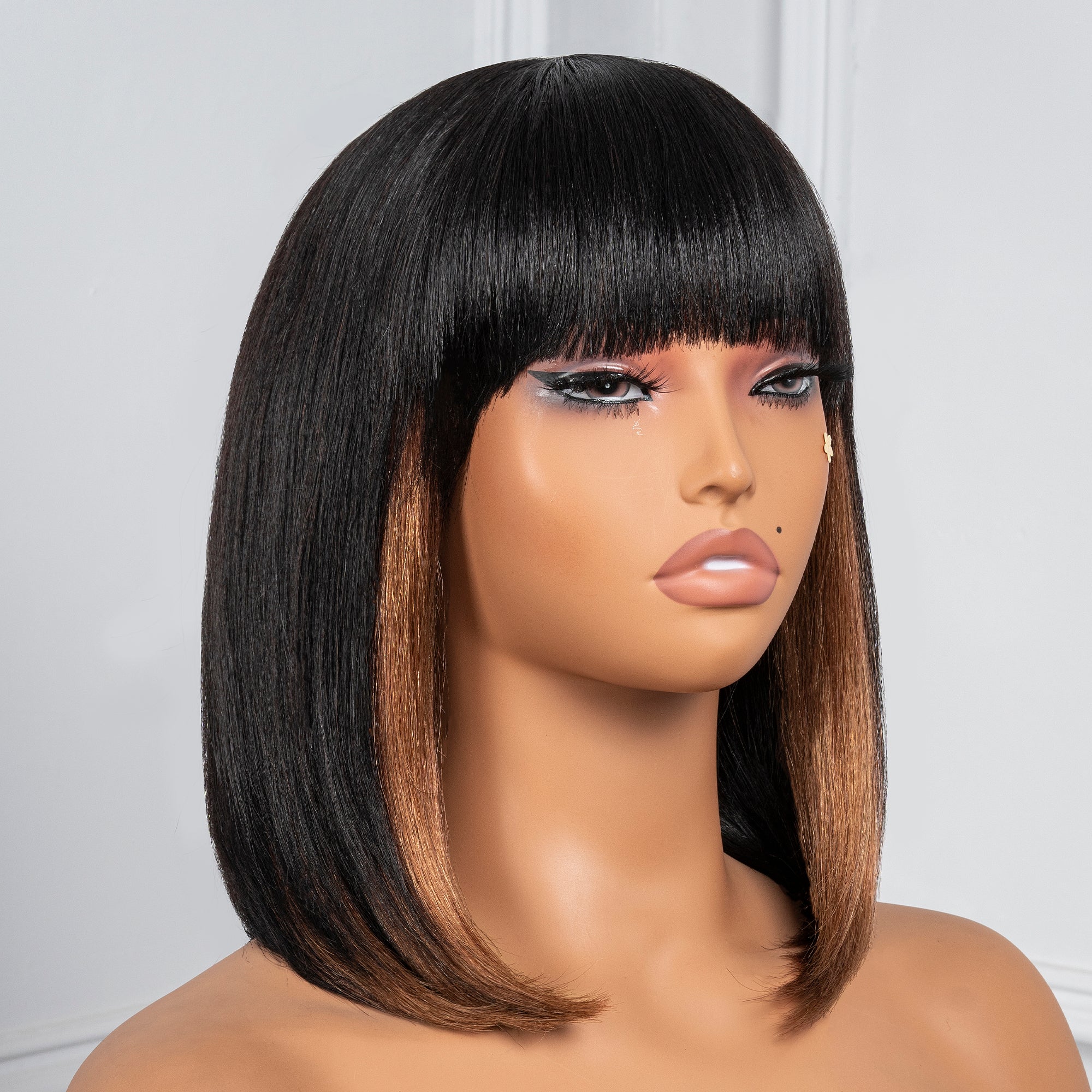 Toyotress Human Hair Bob Wigs - 10 Inch Blunt Cut Short Black Bob Wigs With Bangs, Light Yaki Straight Realistic Look HD Invisible 13*4 T-Part long Lace Glueless 100% Brazilian Virgin Hair Wigs (LF0922H)