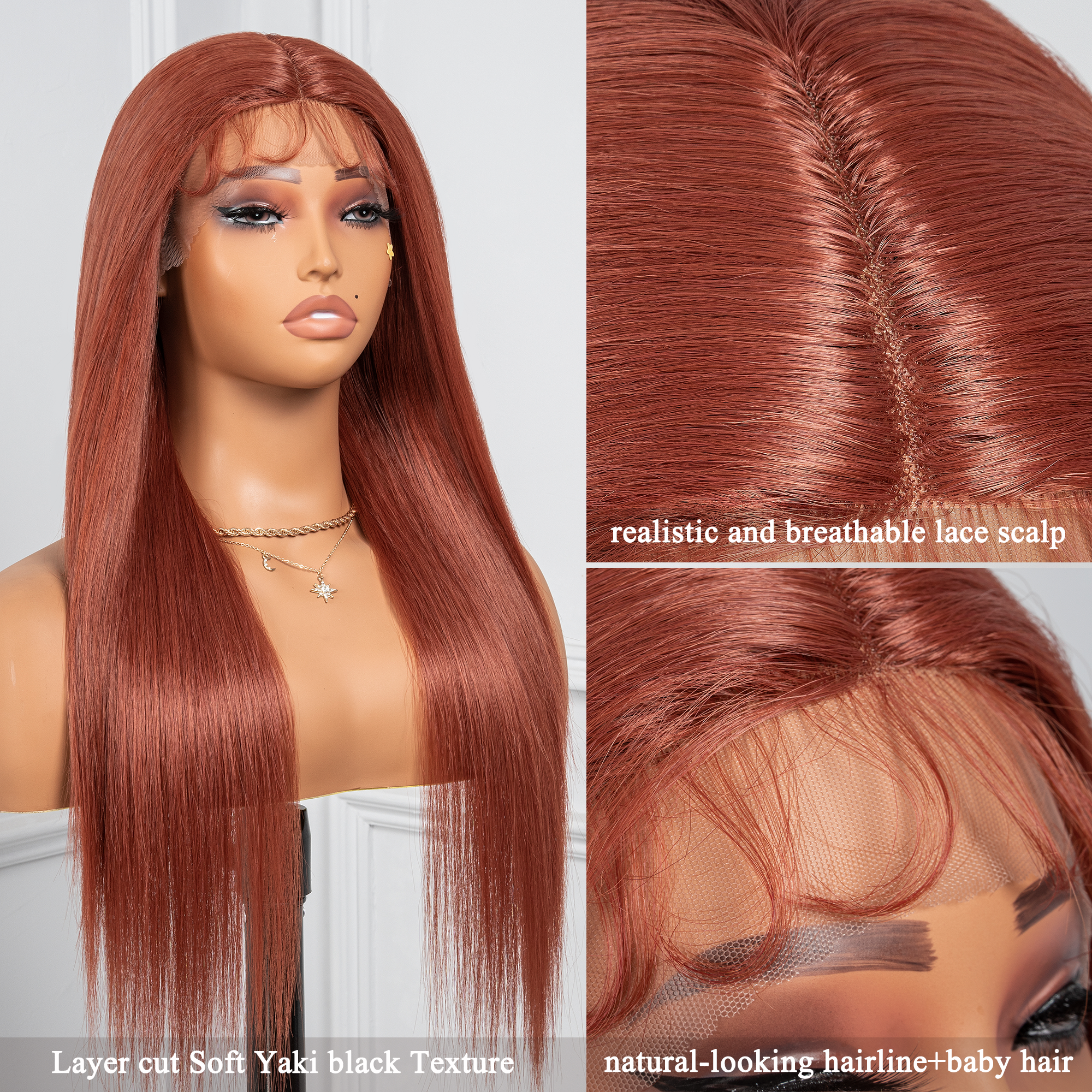 Toyotress Airy Yaki Straight T-middle Part Lace Front Wigs with Baby Hair | 20-32 Inch Long Soft Human Hair Rival Brown With Piano Highlights Wig(1472)