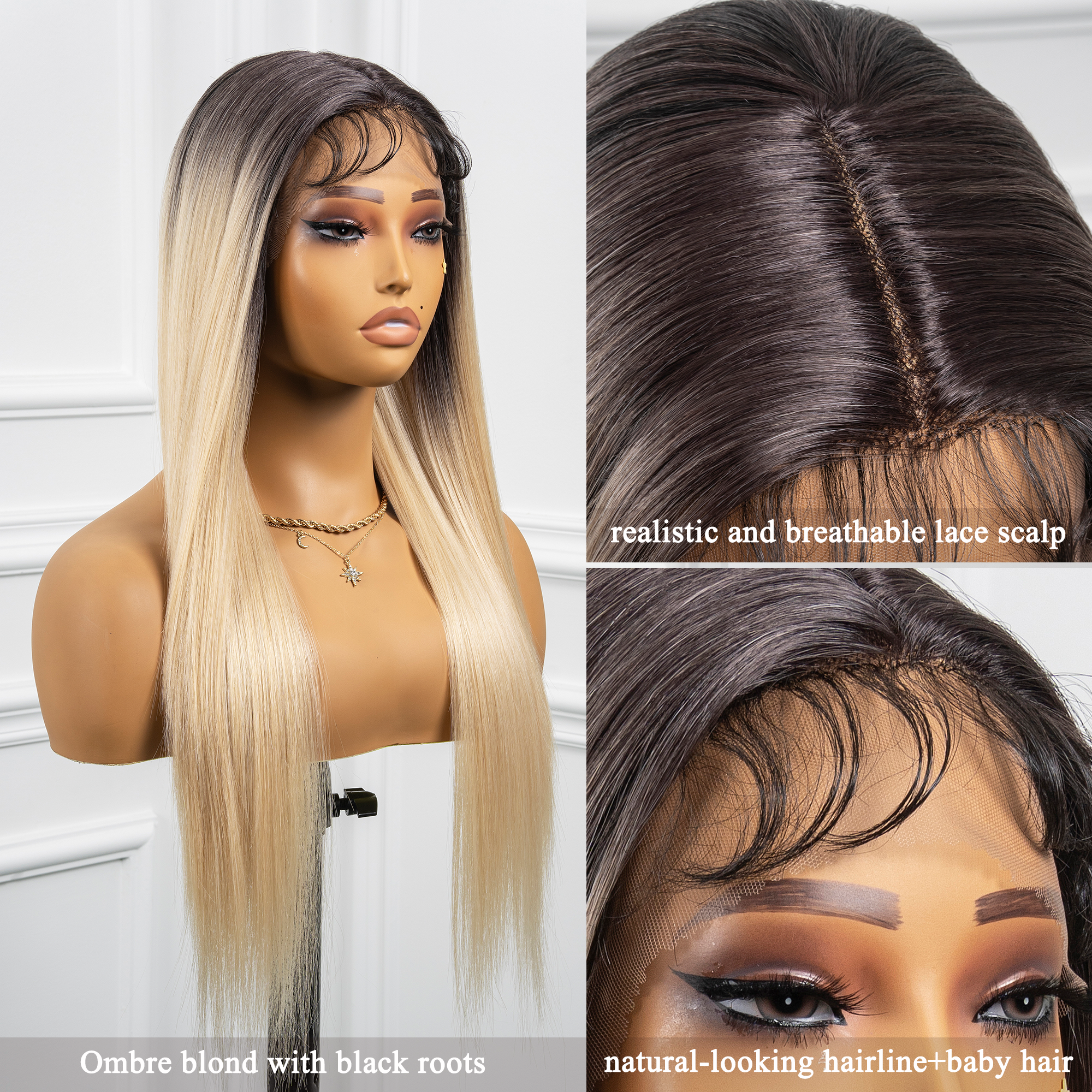 Toyotress Airy Yaki Straight T-middle Part Lace Front Wigs with Baby Hair | 20-32 Inch Long Soft Human Hair Rival Brown With Piano Highlights Wig(1472)