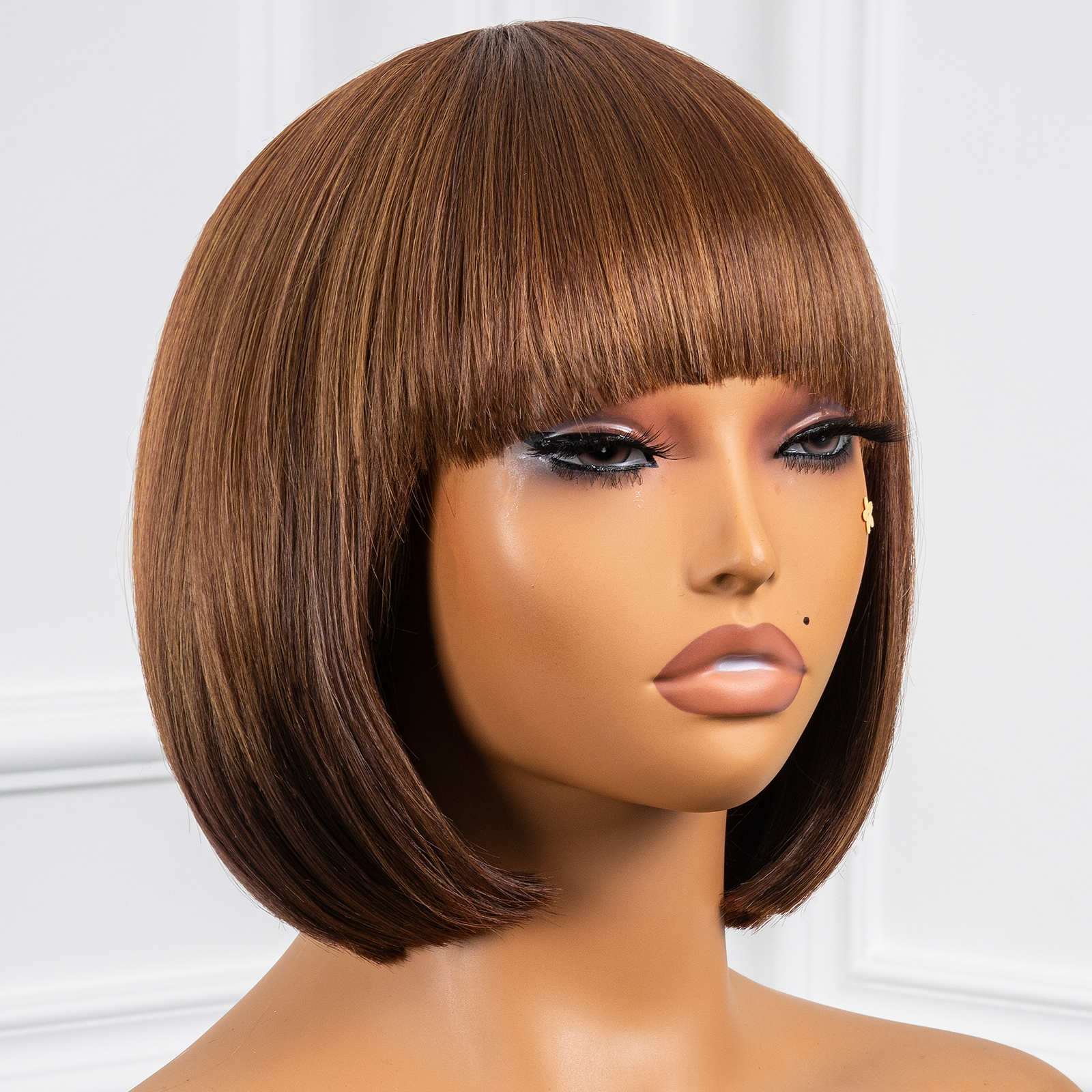 Toyotress Short Bob Synthetic Wigs | Blunt cut Natural Black Straight Wig with Bangs Synthetic Wig（612H+618）