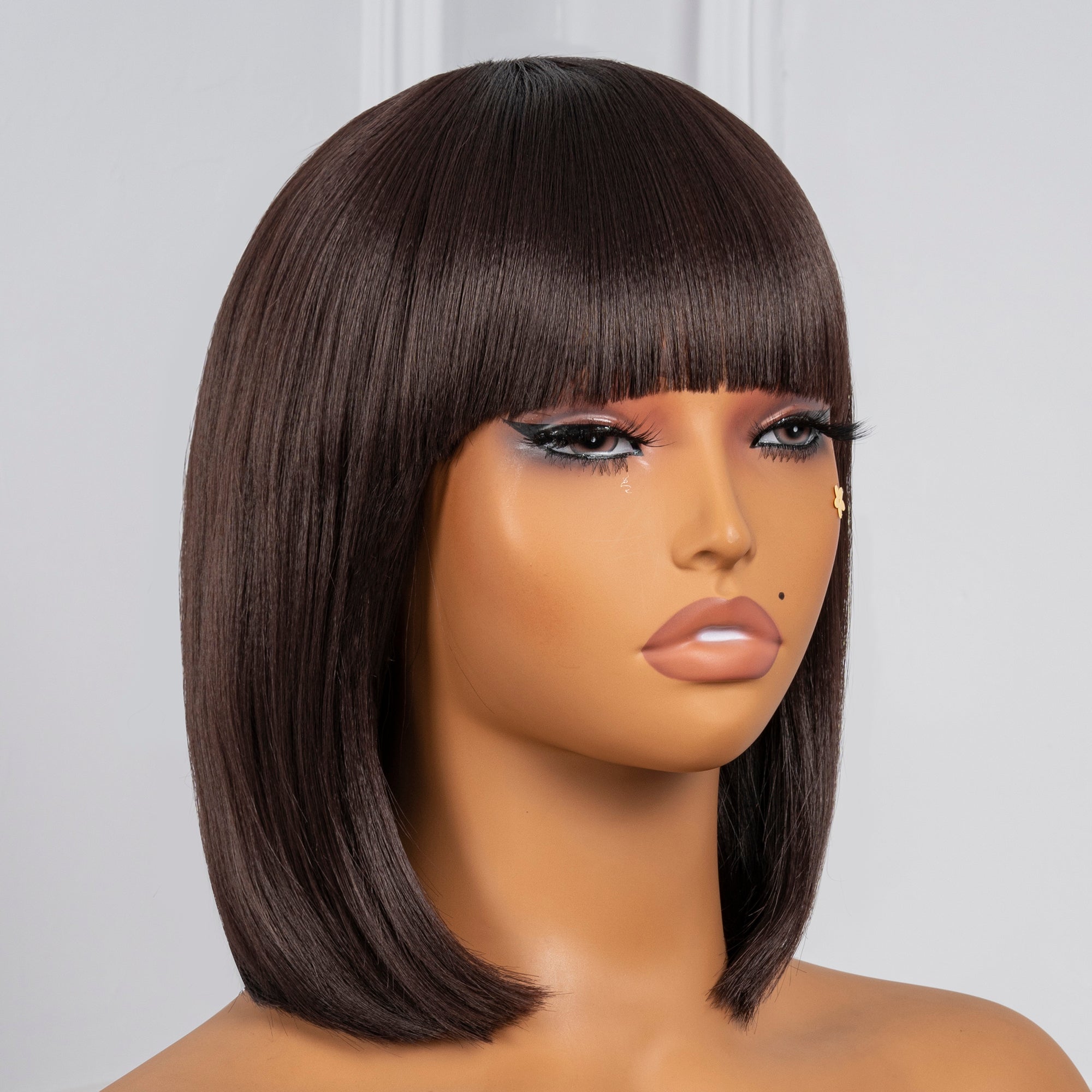 Toyotress Short Bob Synthetic Wigs | Blunt cut Natural Black Straight Wig with Bangs Synthetic Wig（612H+618）