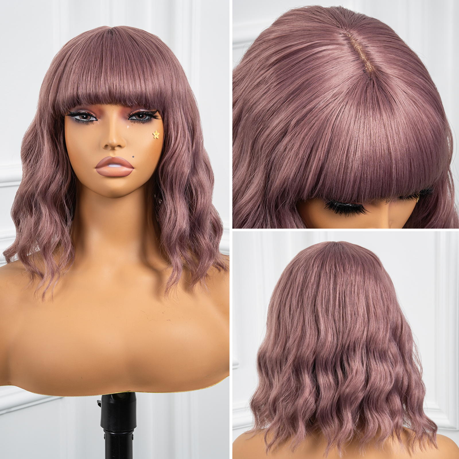 TOYOTRESS Pink Paradise LOOSE WAVY SHORT BOB WIGS HD LACE PART WITH BANGS - 12 INCH NATURAL BLACK BOB HAIR WIGS FOR BLACK WOMEN, SHOULDER LENGTH CURLY SYNTHETIC WIGS (LF0926)