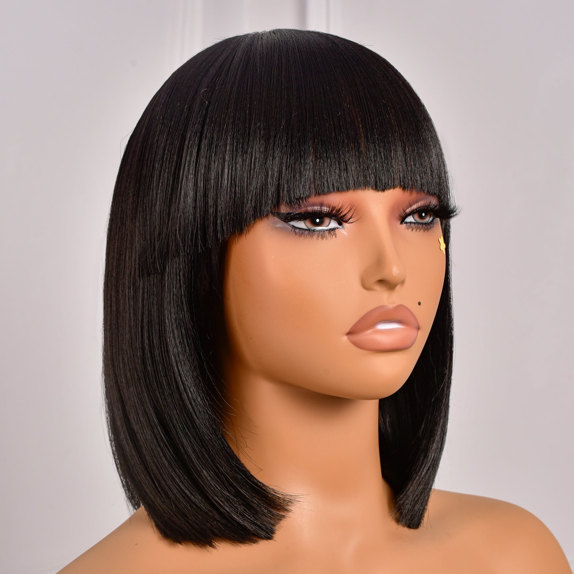 Toyotress Short Bob Synthetic Wigs | Blunt cut Natural Black Straight Wig with Bangs Synthetic Wig（612H+618）