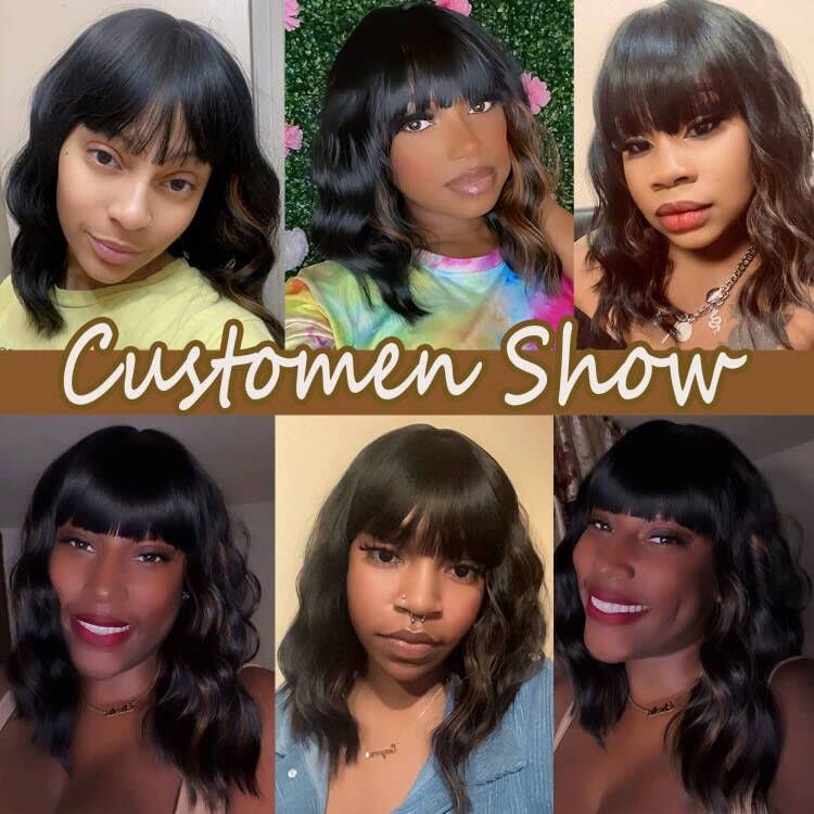 Toyotress Short Wavy Wigs With Bangs - Natural Black Bob Hair Wigs For Black Women, Shoulder Length Curly Synthetic Wigs