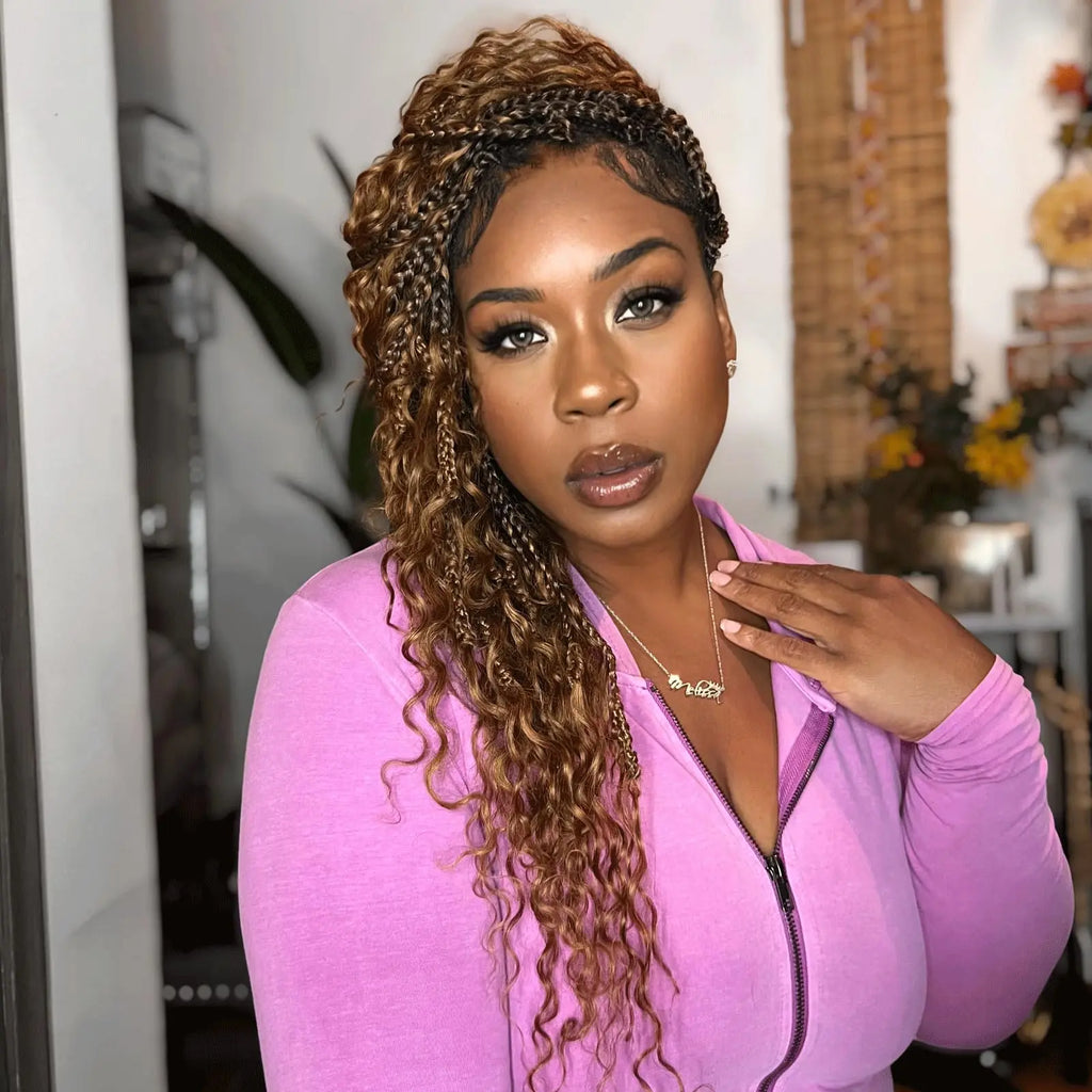 ( US ONLY) FAST SHIPPING HB | Toyotress® Boho Braids With Human Hair Curls Handmade Pre-Looped Crochet Boho Box Braids (96 Strands In All) Toyotress