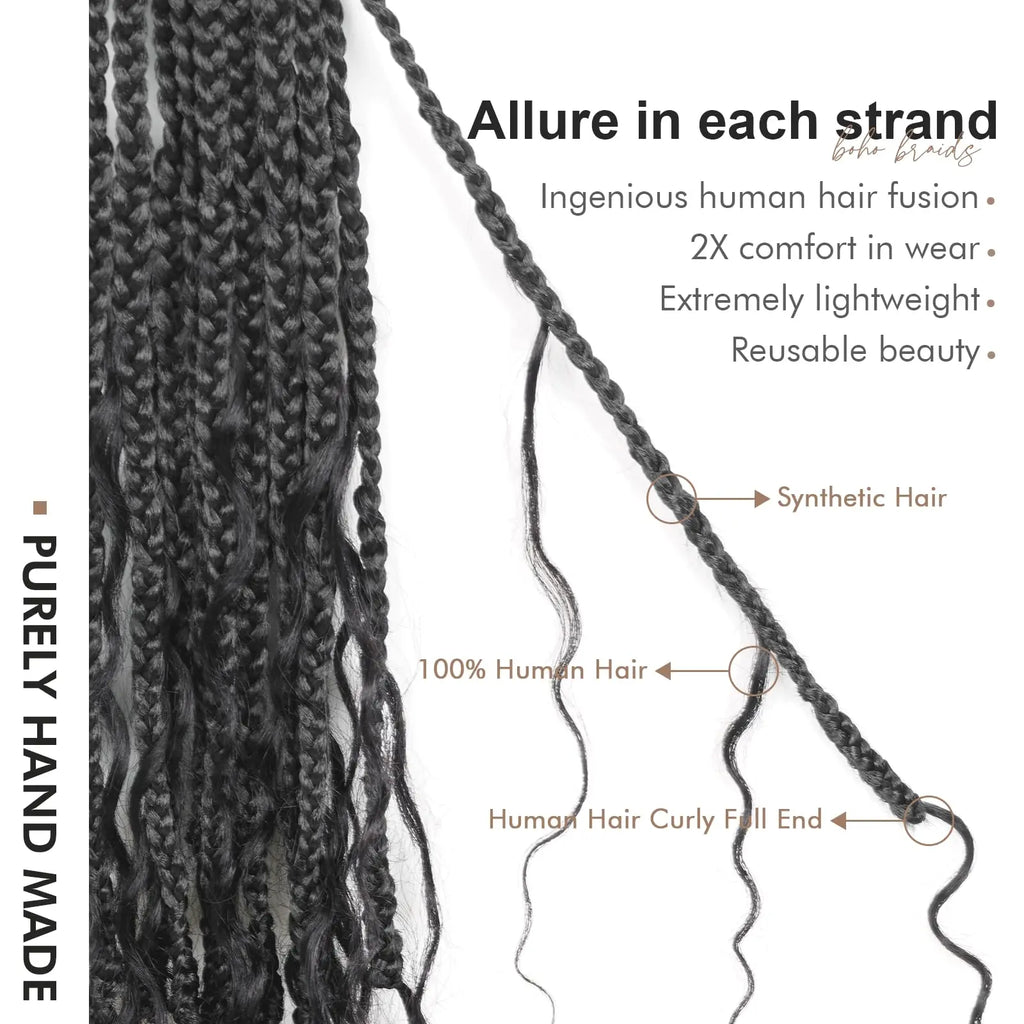 ( US ONLY) FAST SHIPPING HB | Toyotress® Boho Braids With Human Hair Curls Handmade Pre-Looped Crochet Boho Box Braids (96 Strands In All) Toyotress