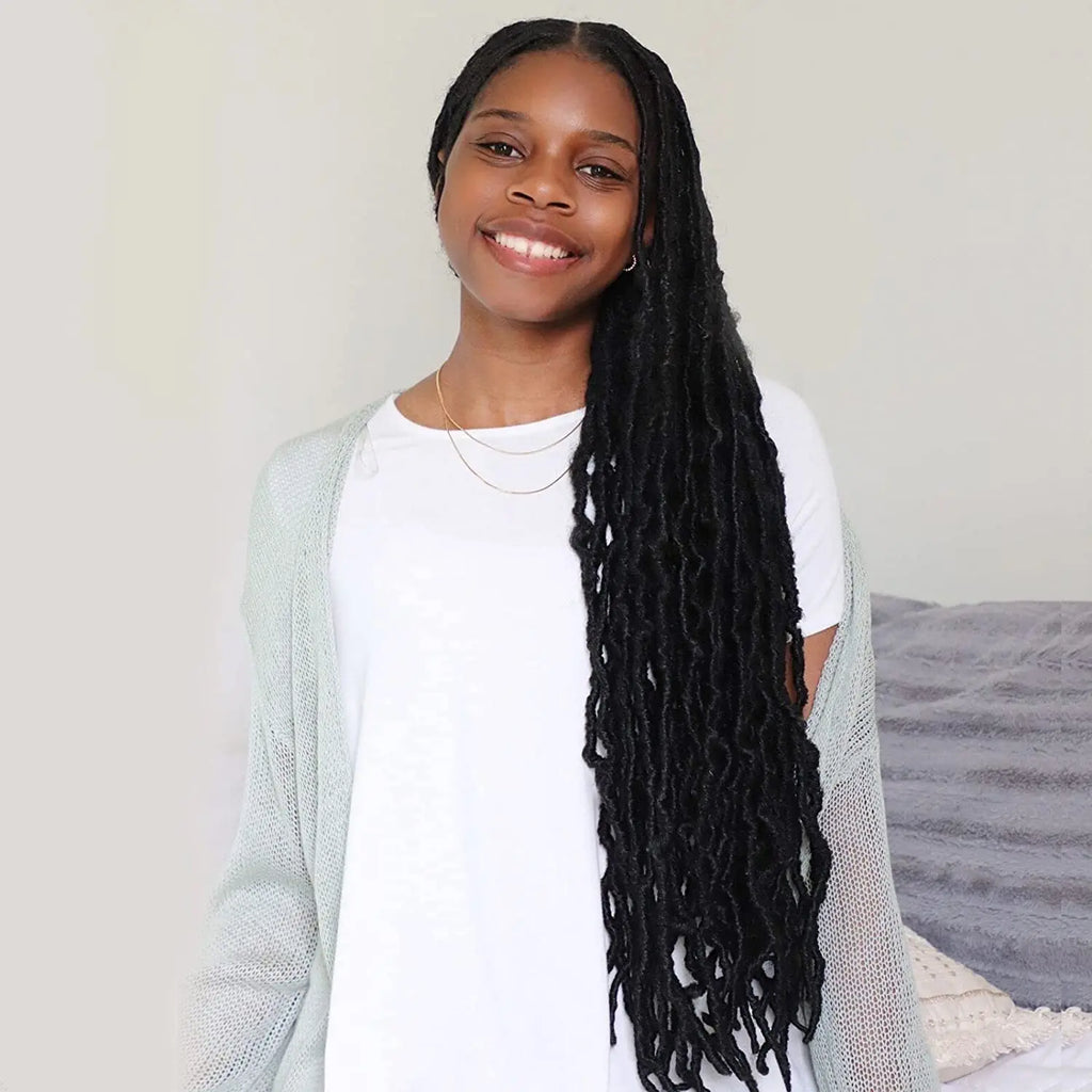 ( US ONLY) FAST SHIPPING FL | Toyotress® Faux Locs Crochet Hair - Soft Natural Ombre Brown Long Pre-looped Faux Locs Crochet Braids, Curly Wavy Synthetic Braiding Hair Extensions Toyotress