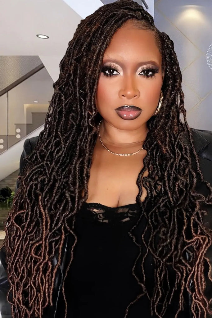 ( US ONLY) FAST SHIPPING FL | Toyotress® Faux Locs Crochet Hair - Soft Natural Ombre Brown Long Pre-looped Faux Locs Crochet Braids, Curly Wavy Synthetic Braiding Hair Extensions Toyotress