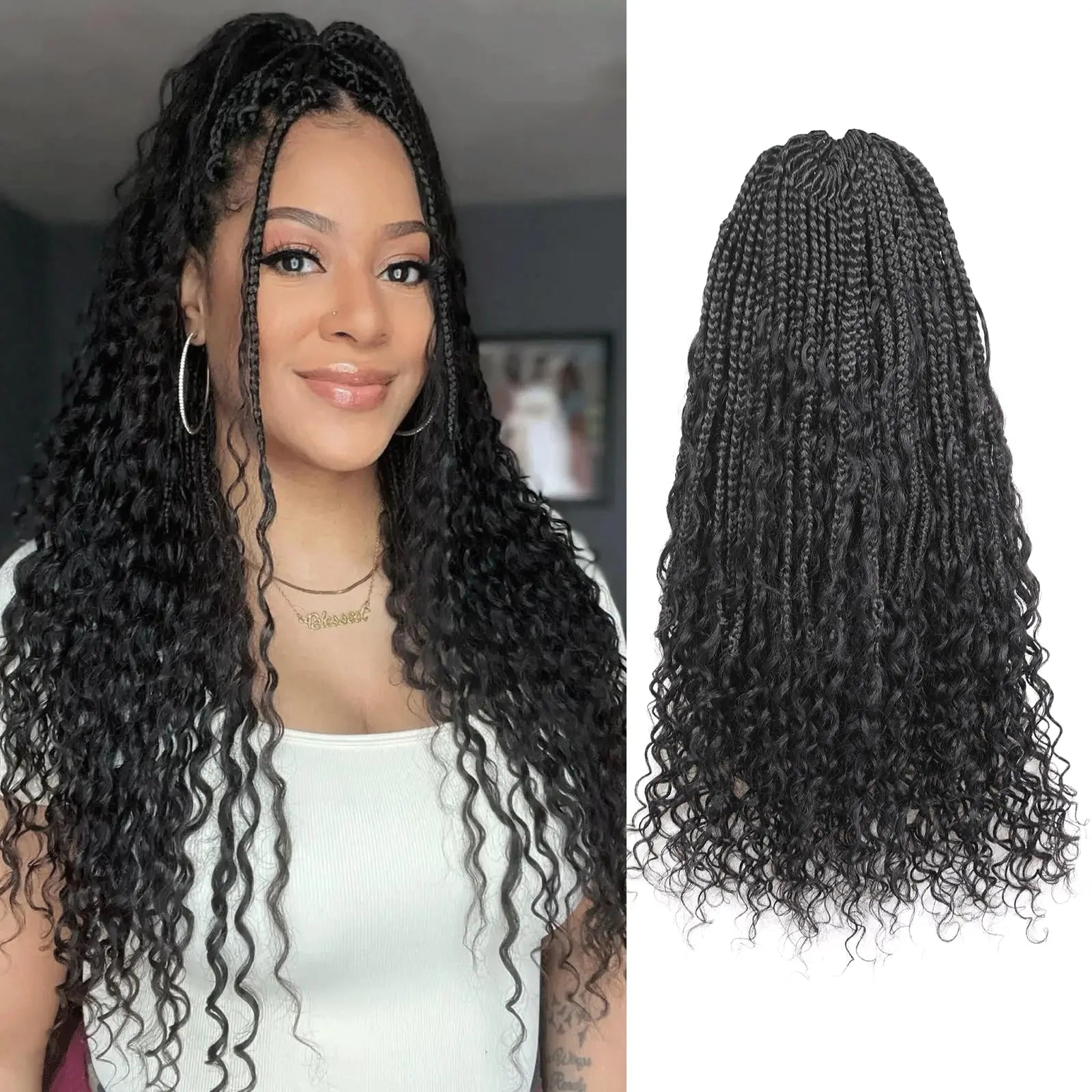 ( US ONLY) FAST SHIPPING HB | Toyotress® Boho Braids With Human Hair Curls Handmade Pre-Looped Crochet Boho Box Braids (96 Strands In All) Toyotress