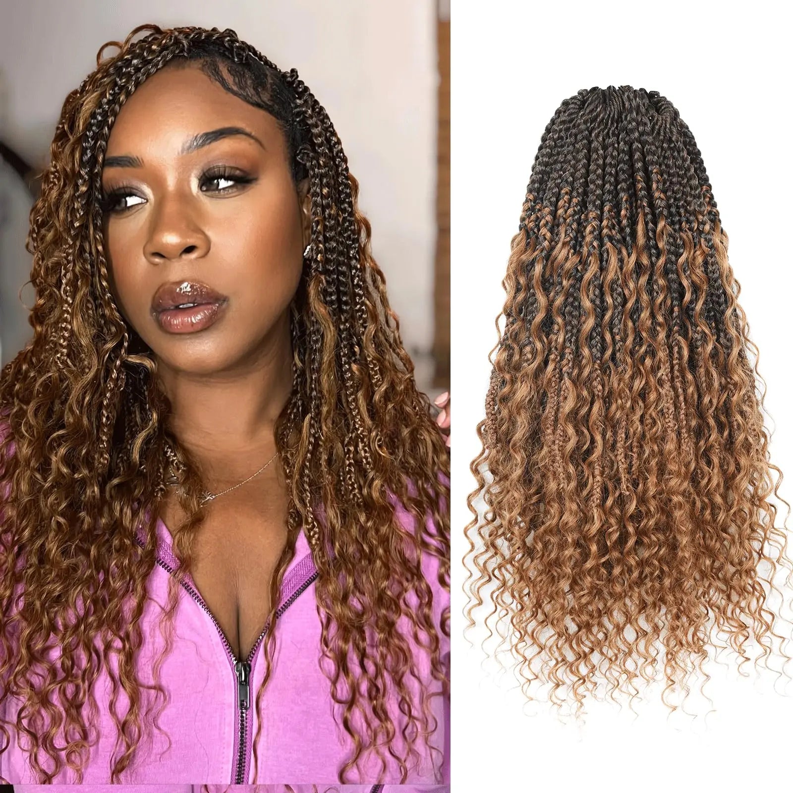 ( US ONLY) FAST SHIPPING HB | Toyotress® Boho Braids With Human Hair Curls Handmade Pre-Looped Crochet Boho Box Braids (96 Strands In All) Toyotress